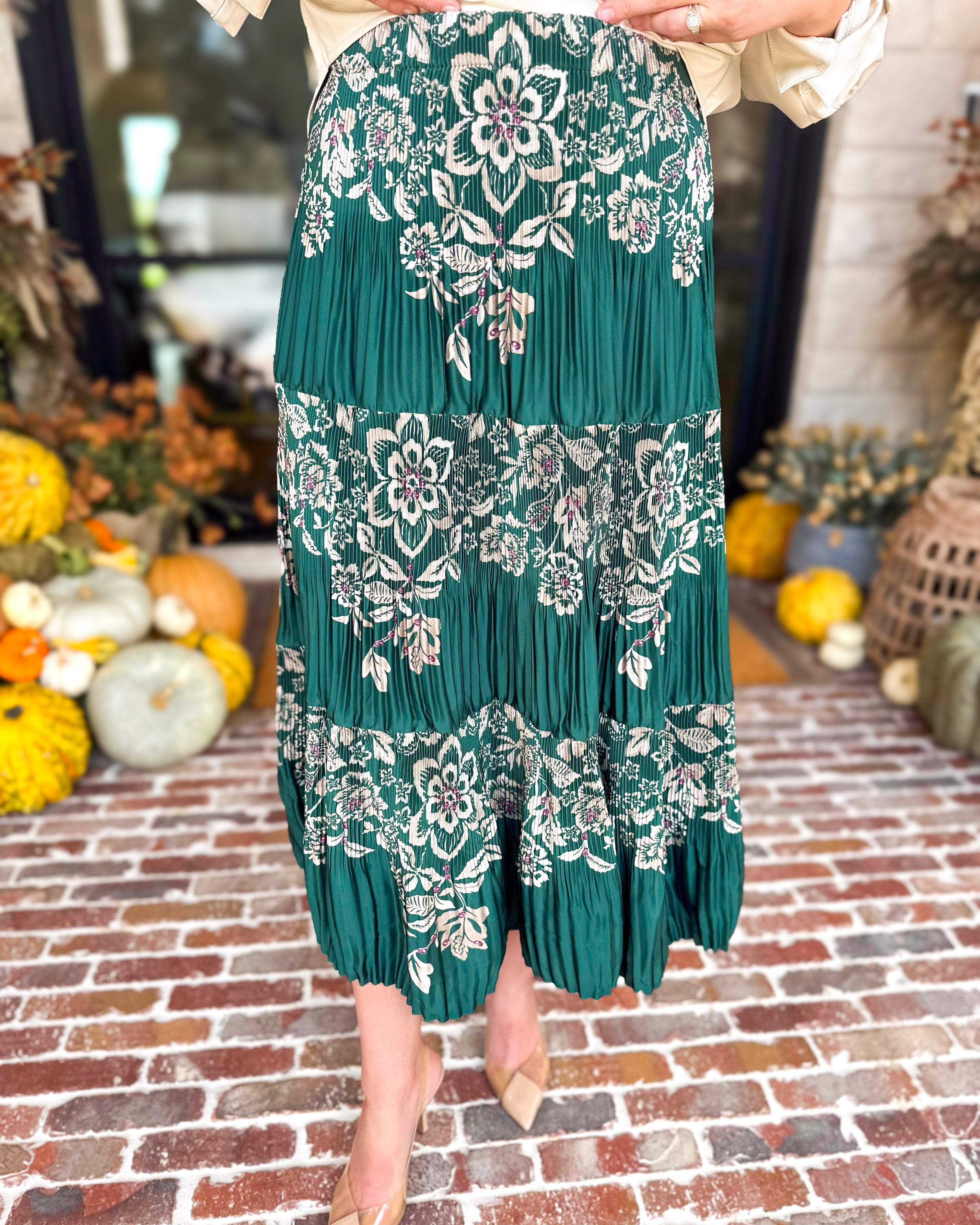 Current Air - Emerald Green Floral Pleated Midi Skirt-410 Shorts/Skirts-CURRENT AIR CLOTHING-July & June Women's Fashion Boutique Located in San Antonio, Texas