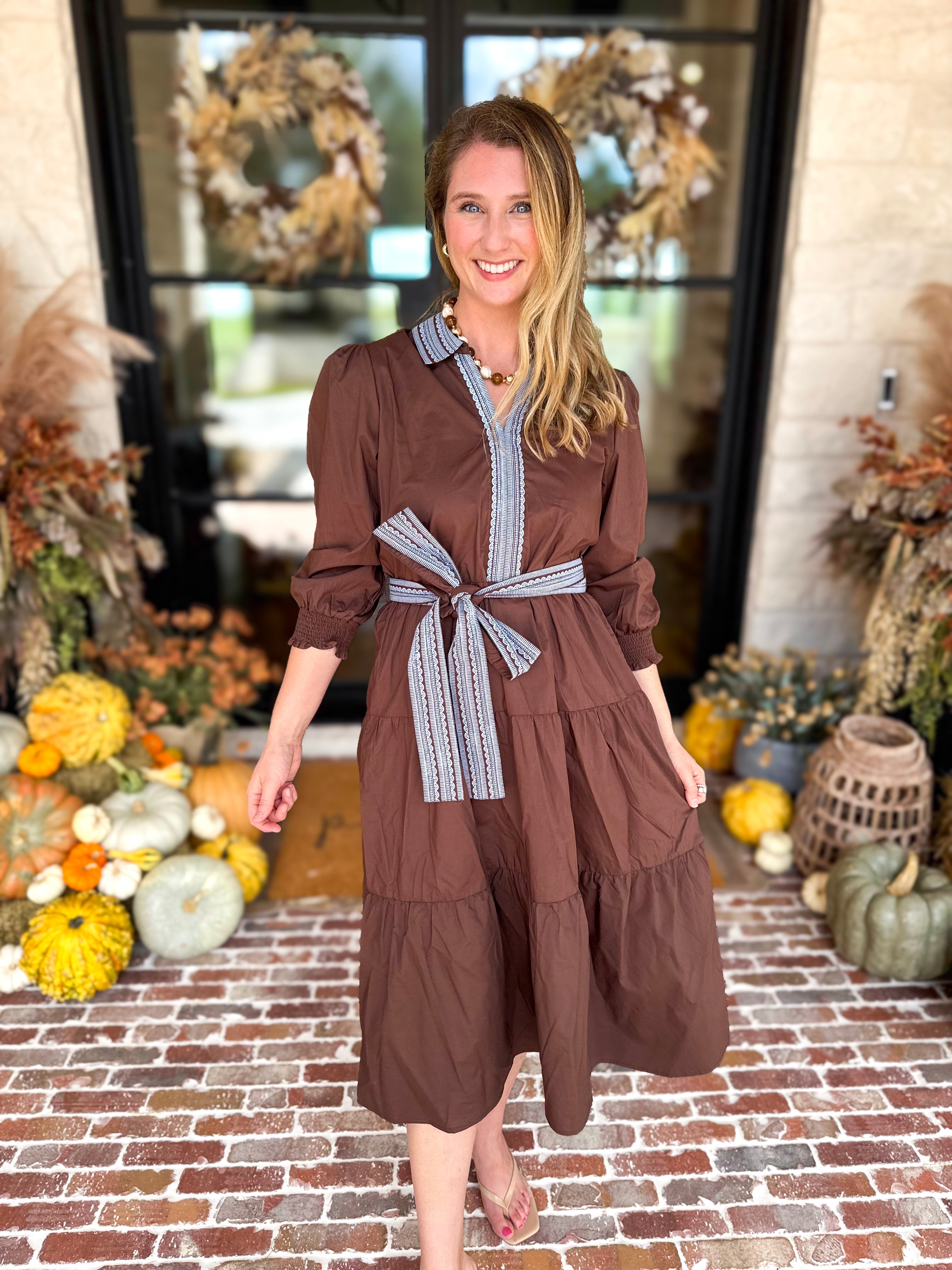 Mary Square - Lace Embroidered Brown Midi Dress-500 Midi-MARY SQUARE-July & June Women's Fashion Boutique Located in San Antonio, Texas