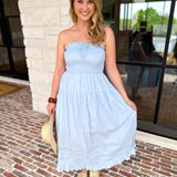 Sky Blue Strapless Midi Dress-500 Midi-MAIN STRIP-July & June Women's Fashion Boutique Located in San Antonio, Texas