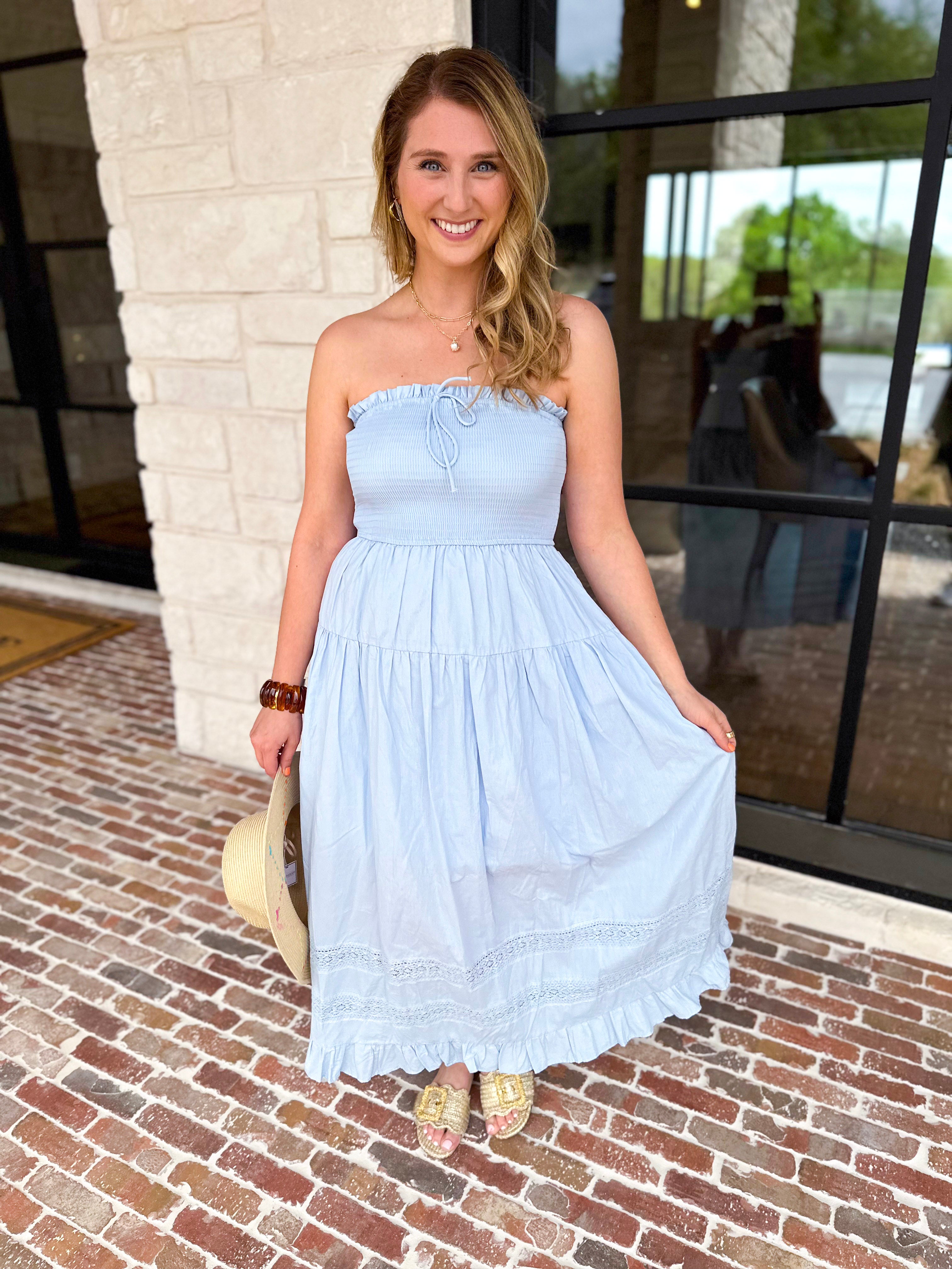 Sky Blue Strapless Midi Dress-500 Midi-MAIN STRIP-July & June Women's Fashion Boutique Located in San Antonio, Texas