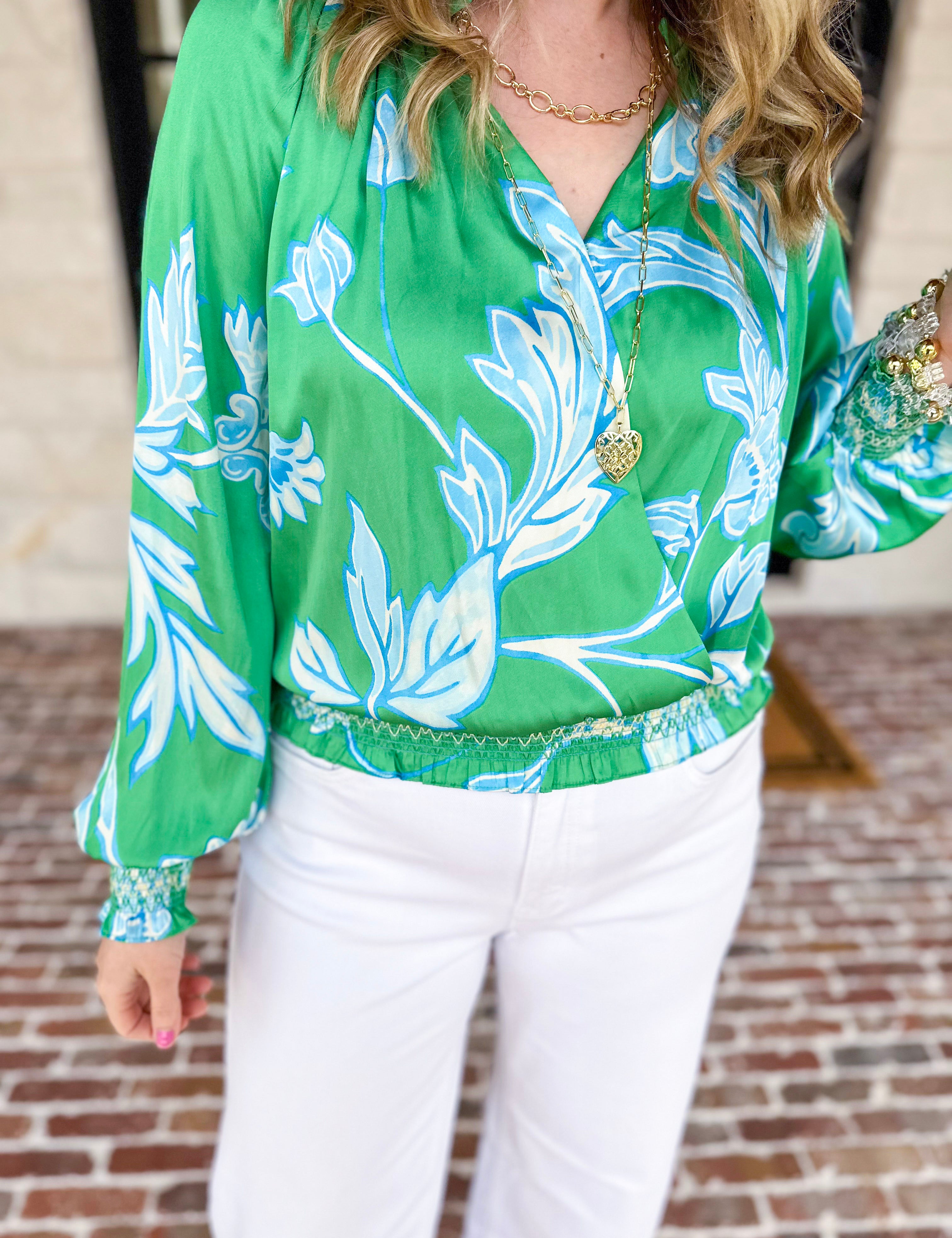 Current Air - Spring Green Floral Blouse-200 Fashion Blouses-CURRENT AIR CLOTHING-July & June Women's Fashion Boutique Located in San Antonio, Texas