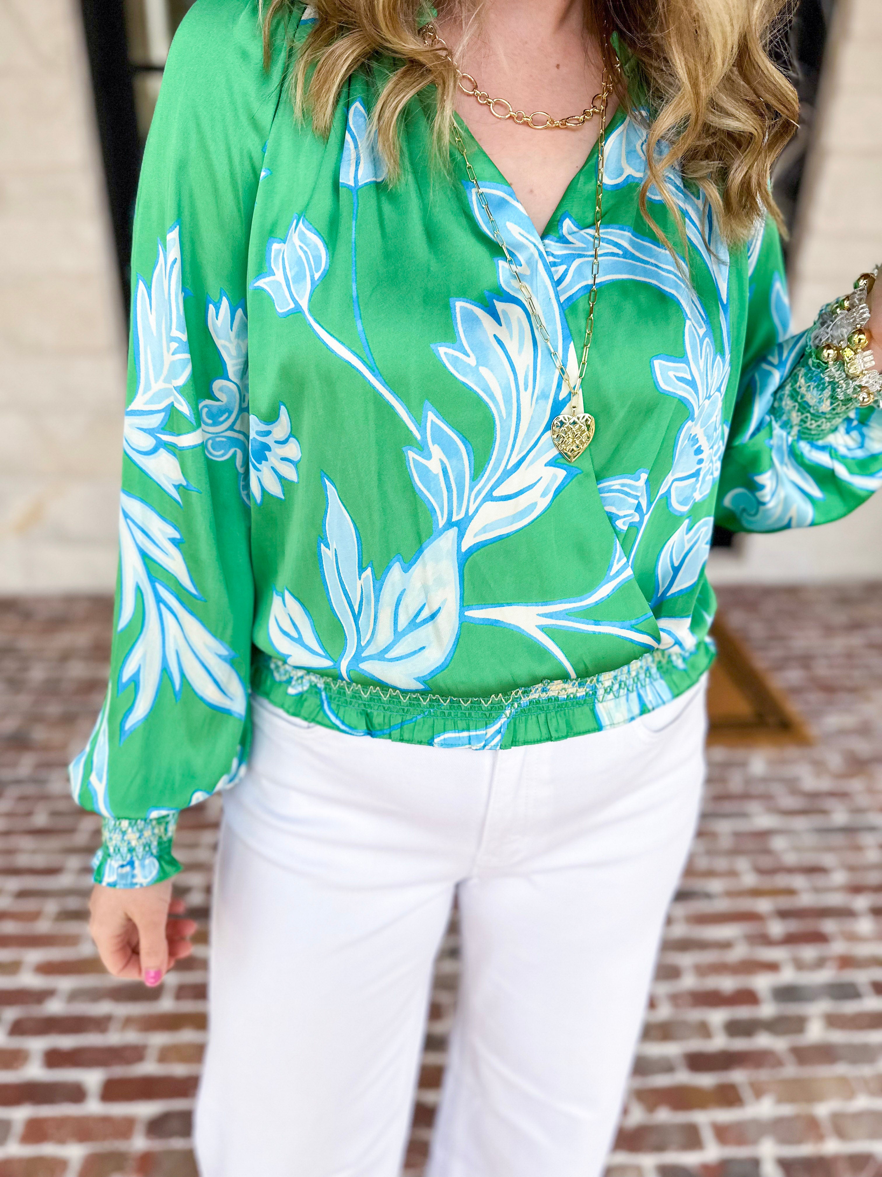 Current Air - Spring Green Floral Blouse-200 Fashion Blouses-CURRENT AIR CLOTHING-July & June Women's Fashion Boutique Located in San Antonio, Texas