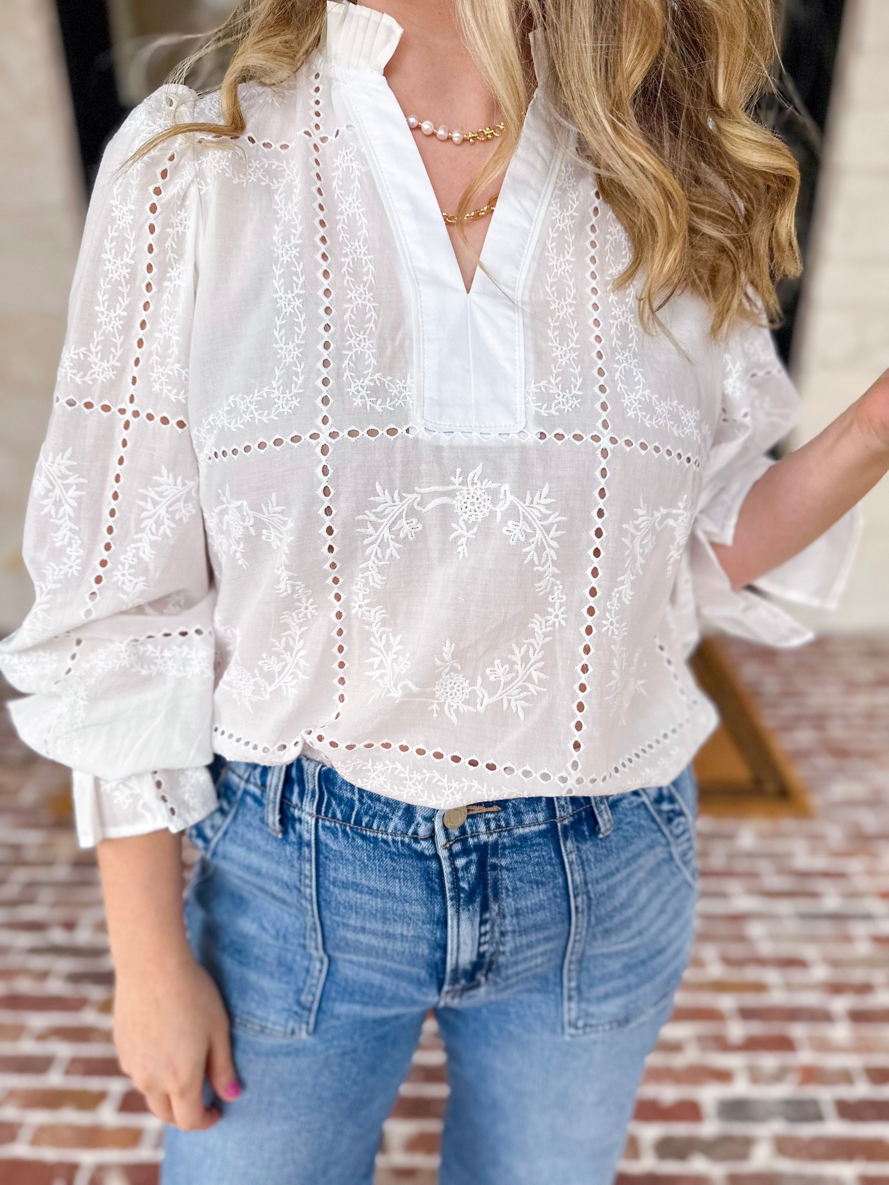 Bloom Where You're Planted Blouse - White-200 Fashion Blouses-ENTRO-July & June Women's Fashion Boutique Located in San Antonio, Texas