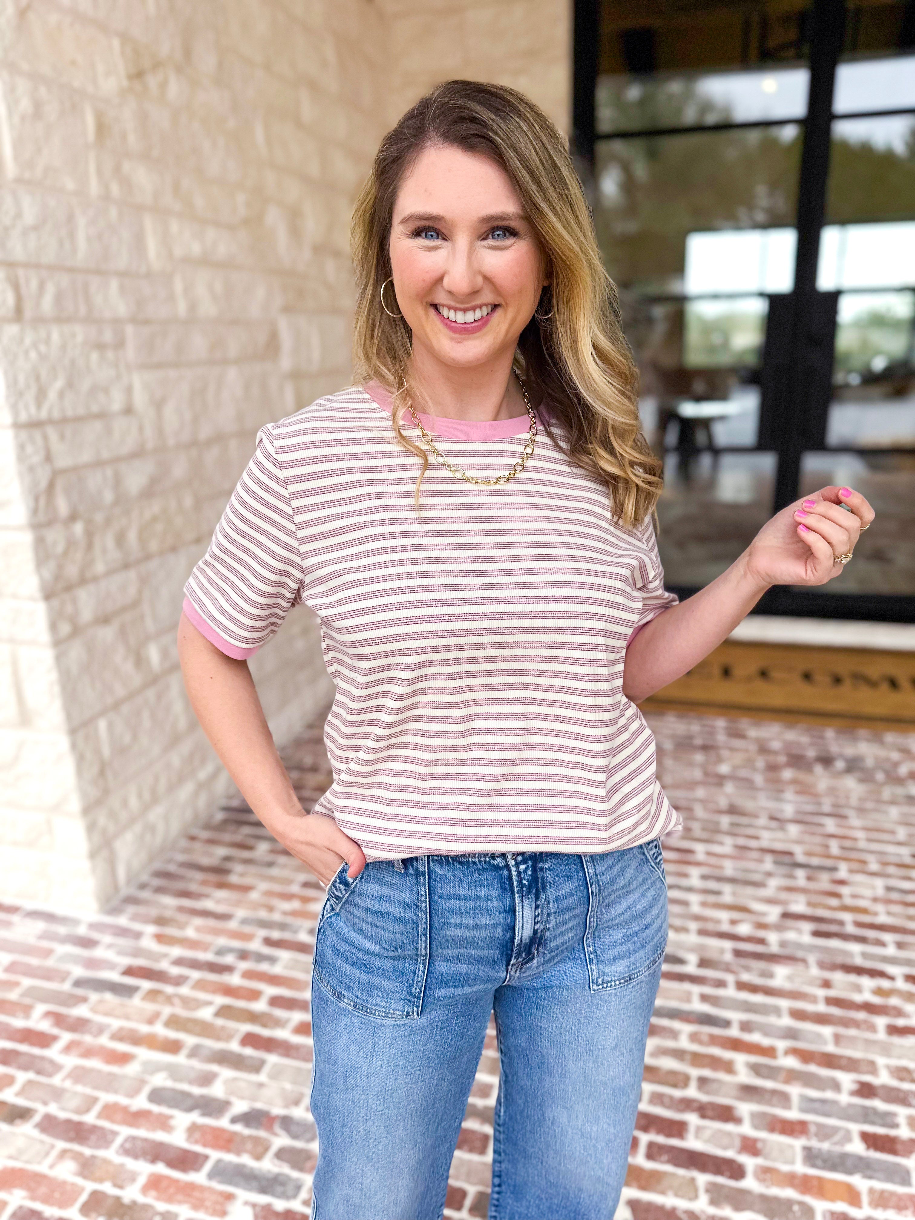 Casual Hangout Striped Tee - Pink-210 Casual Blouses-POLOGRAM-July & June Women's Fashion Boutique Located in San Antonio, Texas