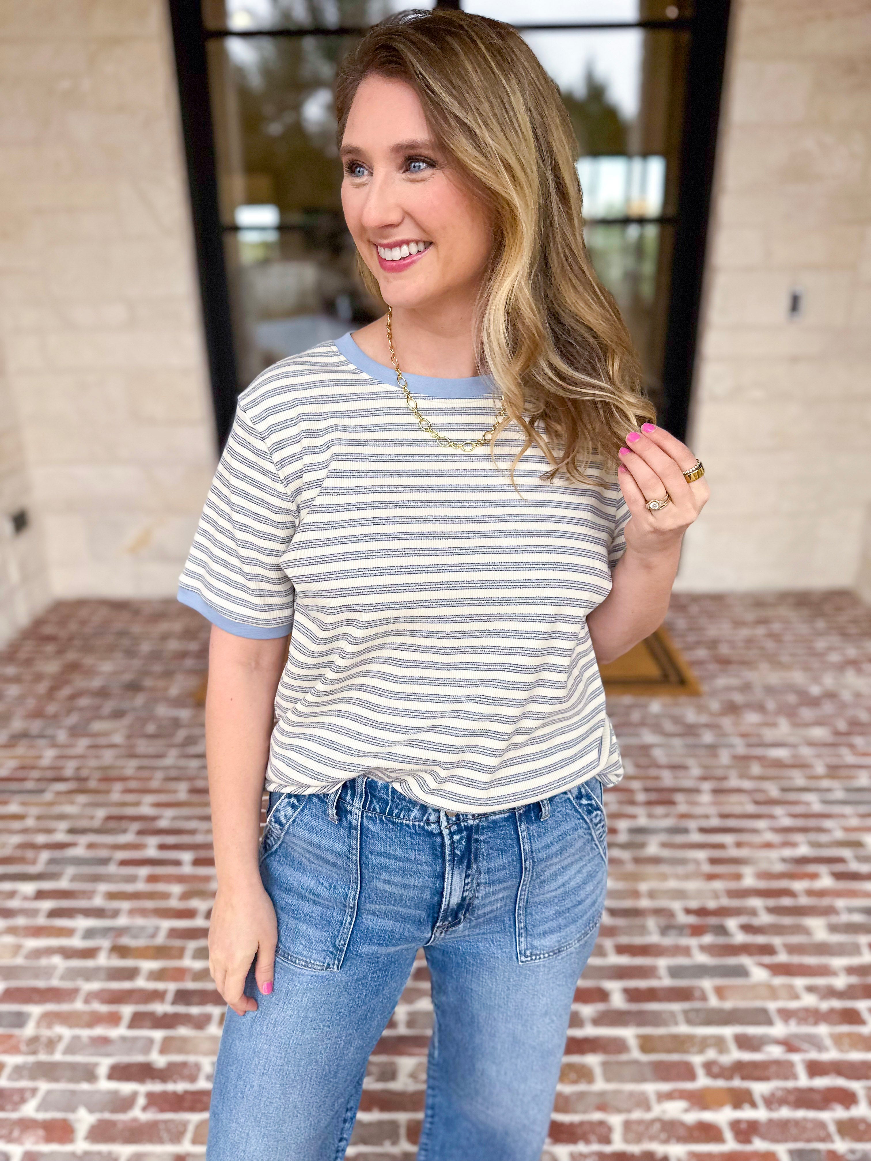 Casual Hangout Striped Tee - Blue-210 Casual Blouses-POLOGRAM-July & June Women's Fashion Boutique Located in San Antonio, Texas