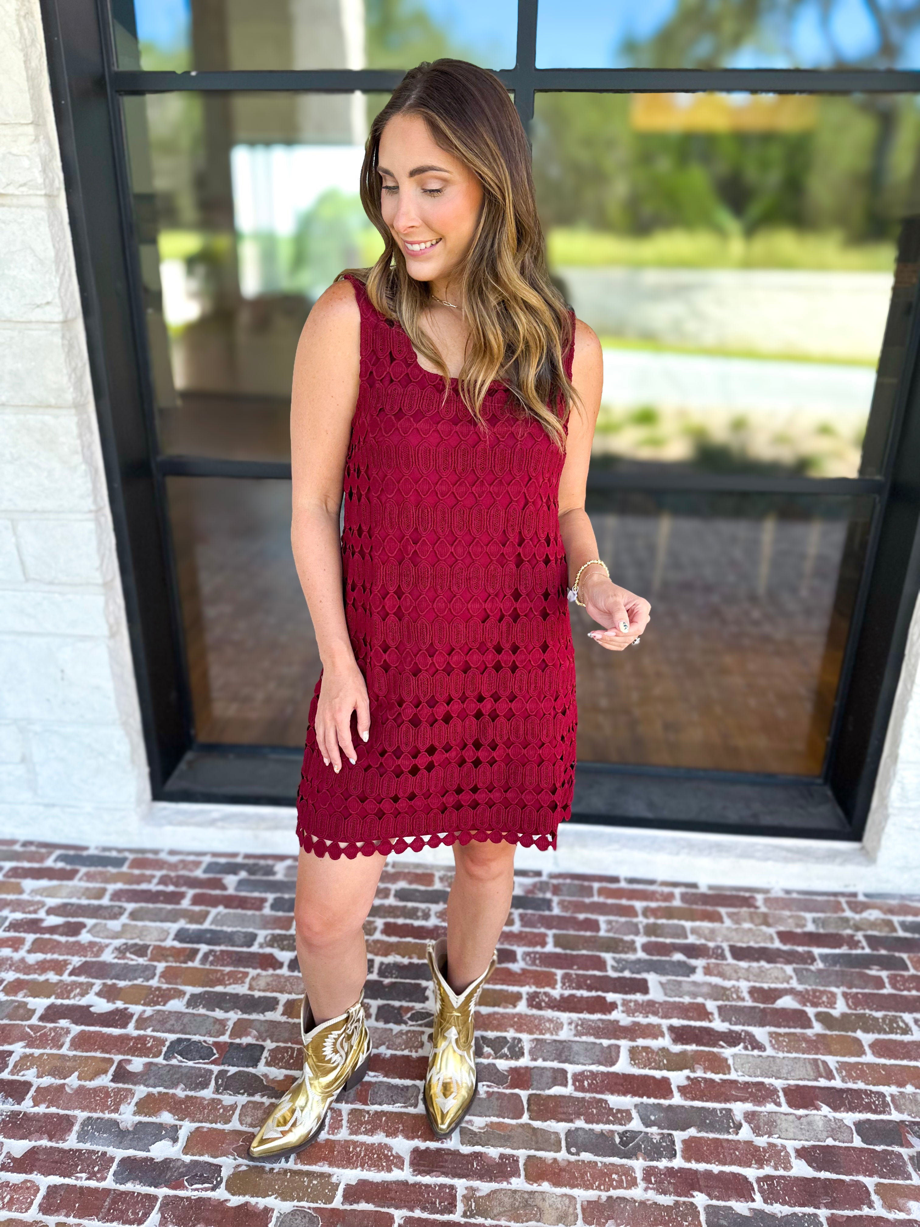 Crochet Overlay Mini Dress - Wine-510 Mini-ENTRO-July & June Women's Fashion Boutique Located in San Antonio, Texas