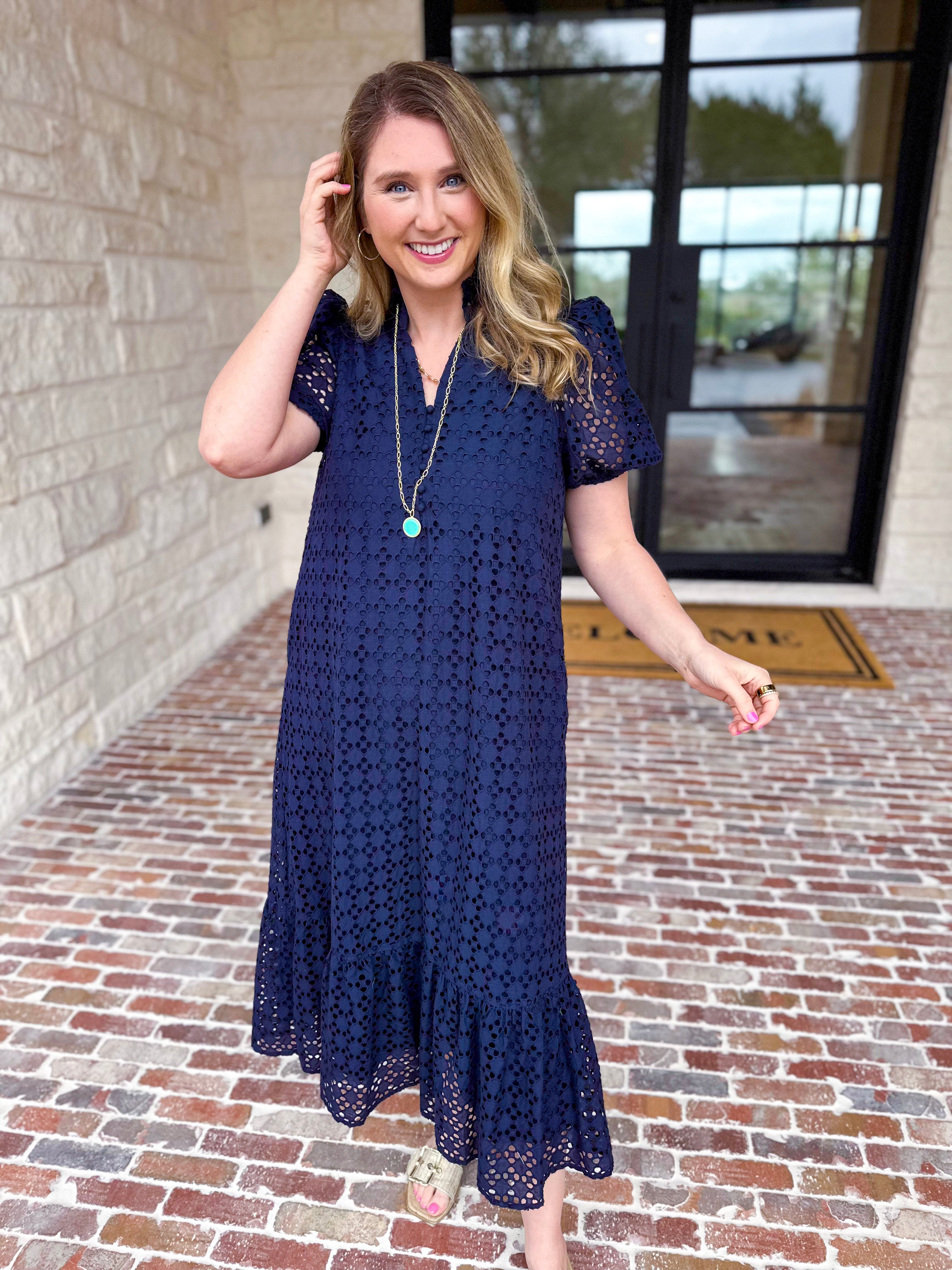 The Graceful Gathering Midi Dress - Navy-500 Midi-ENTRO-July & June Women's Fashion Boutique Located in San Antonio, Texas