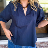 Feminine Everyday V-Neck Blouse - Navy Blue-200 Fashion Blouses-OLIVACEOUS-July & June Women's Fashion Boutique Located in San Antonio, Texas