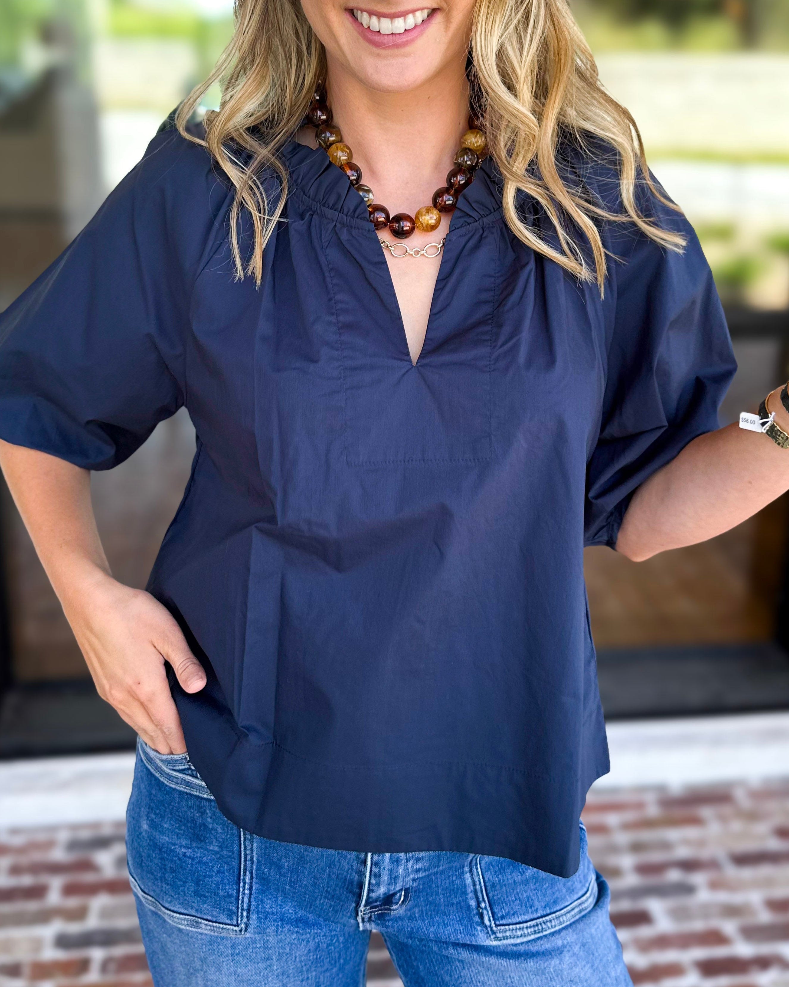 Feminine Everyday V-Neck Blouse - Navy Blue-200 Fashion Blouses-OLIVACEOUS-July & June Women's Fashion Boutique Located in San Antonio, Texas