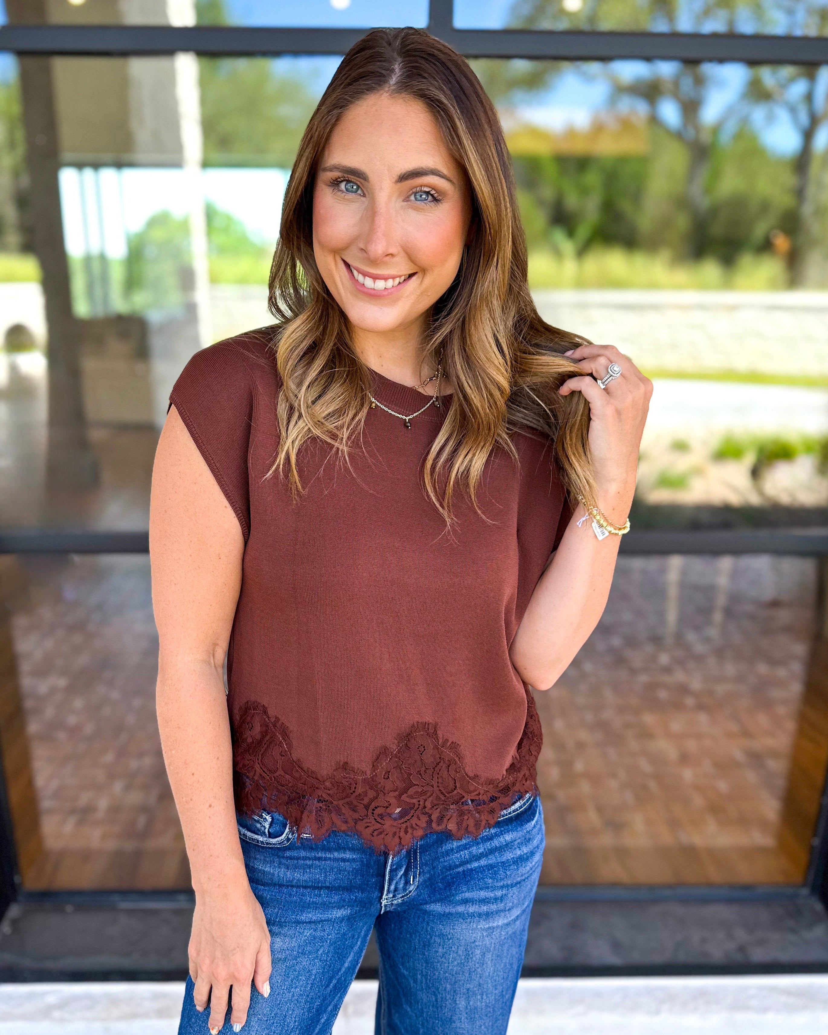 The Timeless Lace Detail Top - Mocha-200 Fashion Blouses-ENTRO-July & June Women's Fashion Boutique Located in San Antonio, Texas
