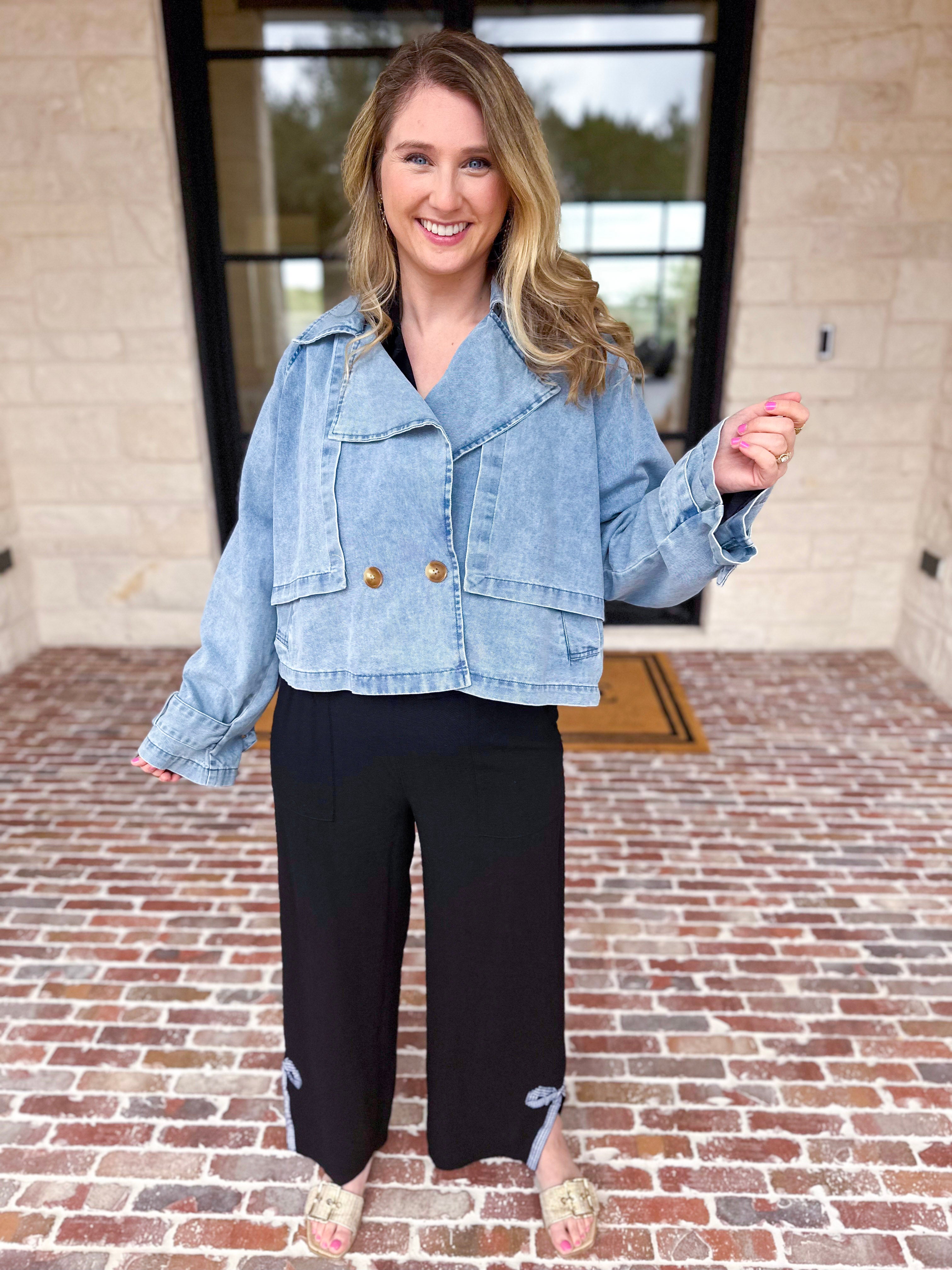 Light Wash Trench Style Denim Jacket-600 Outerwear-TCEC-July & June Women's Fashion Boutique Located in San Antonio, Texas