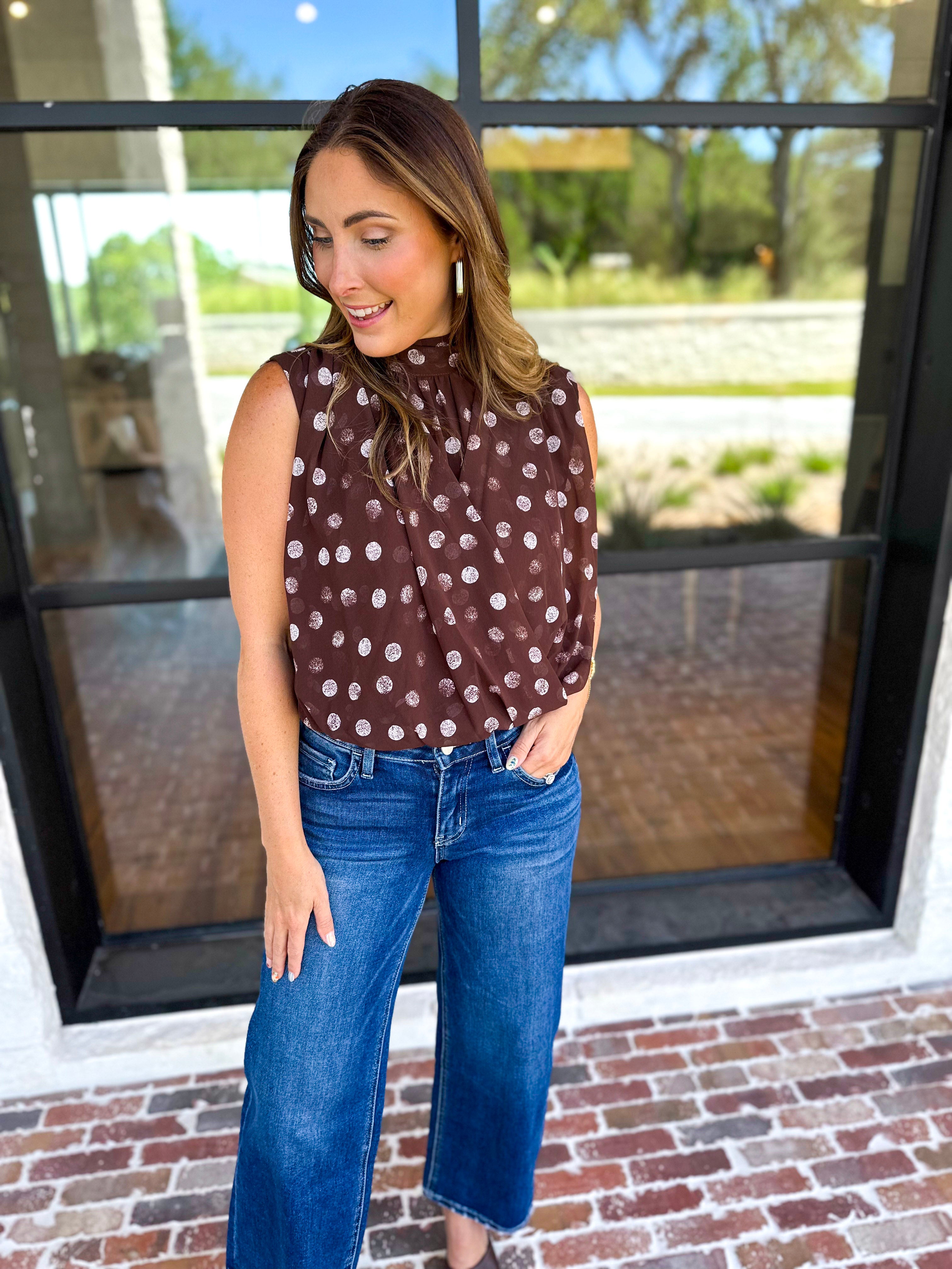 Date Night Polka Dot Top - Brown-200 Fashion Blouses-ENTRO-July & June Women's Fashion Boutique Located in San Antonio, Texas
