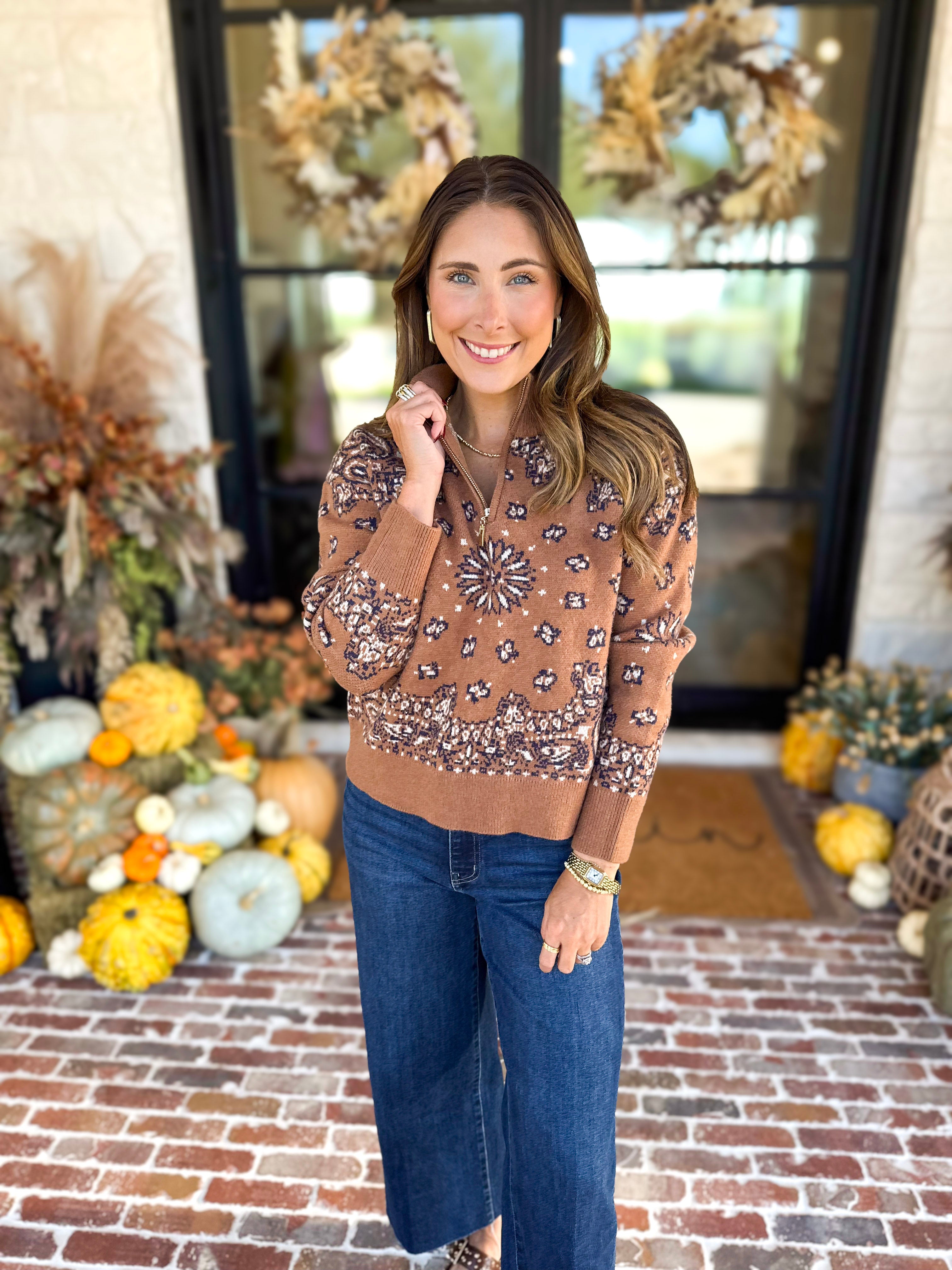 Current Air - Chestnut Paisley Quarter Zip Sweater-230 Sweaters/Cardis-CURRENT AIR CLOTHING-July & June Women's Fashion Boutique Located in San Antonio, Texas