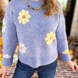 Current Air - Sky Blue Daisy Sweater-230 Sweaters/Cardis-CURRENT AIR CLOTHING-July & June Women's Fashion Boutique Located in San Antonio, Texas