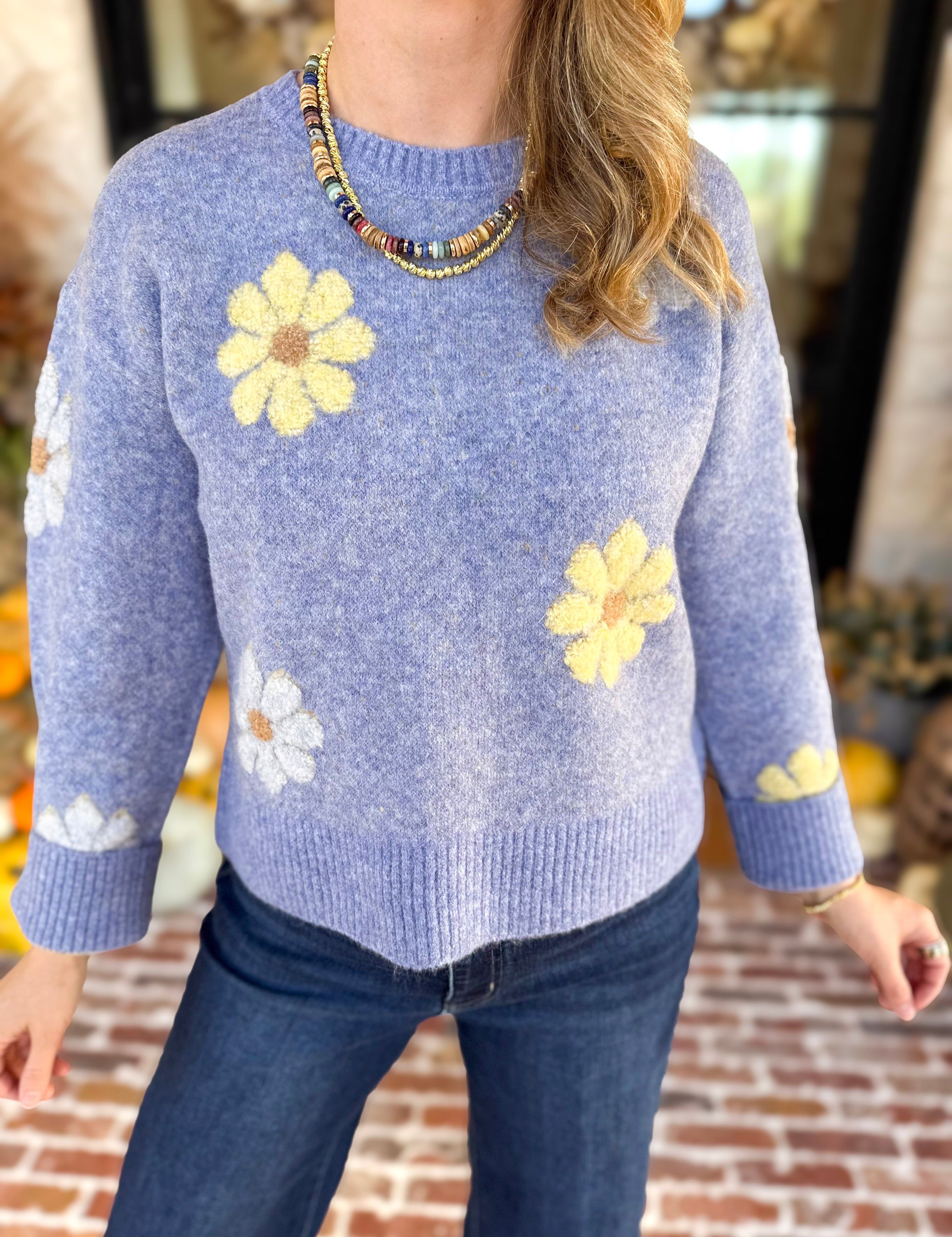 Current Air - Sky Blue Daisy Sweater-230 Sweaters/Cardis-CURRENT AIR CLOTHING-July & June Women's Fashion Boutique Located in San Antonio, Texas