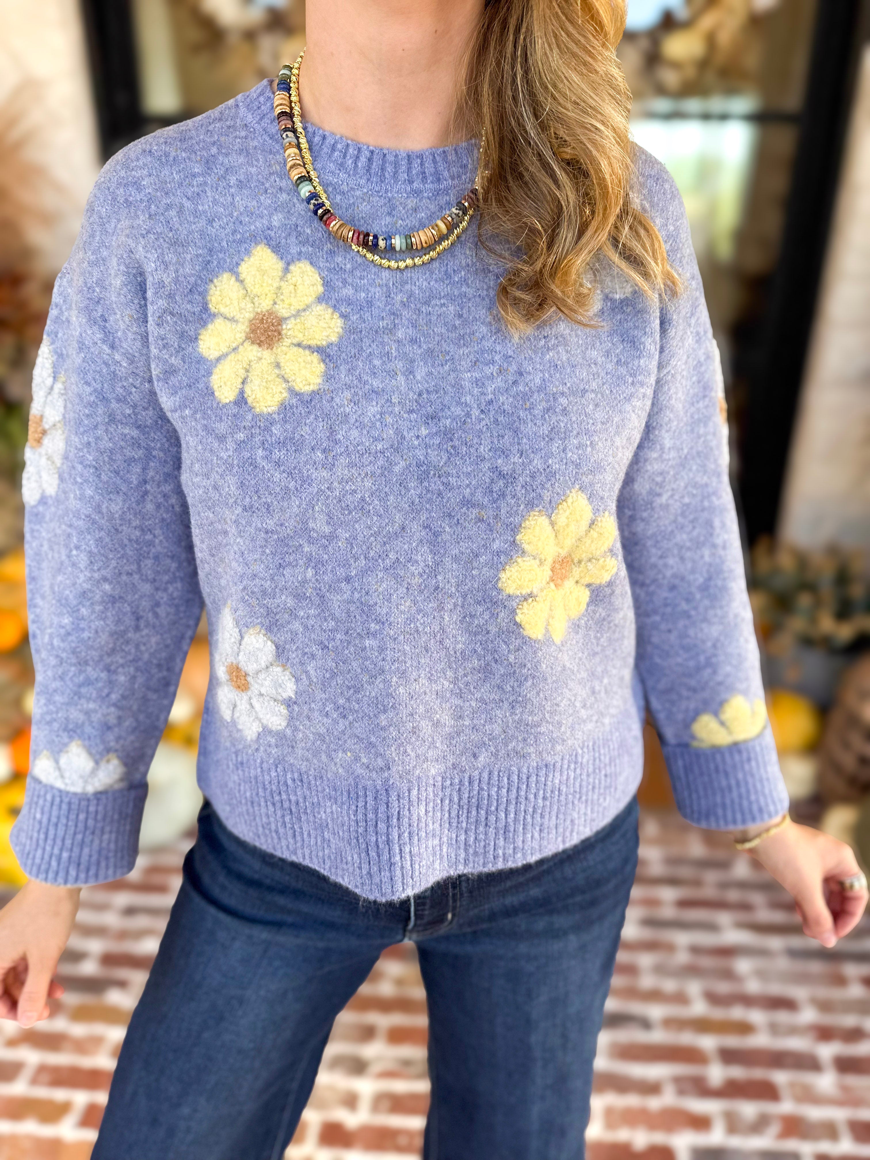 Current Air - Sky Blue Daisy Sweater-230 Sweaters/Cardis-CURRENT AIR CLOTHING-July & June Women's Fashion Boutique Located in San Antonio, Texas