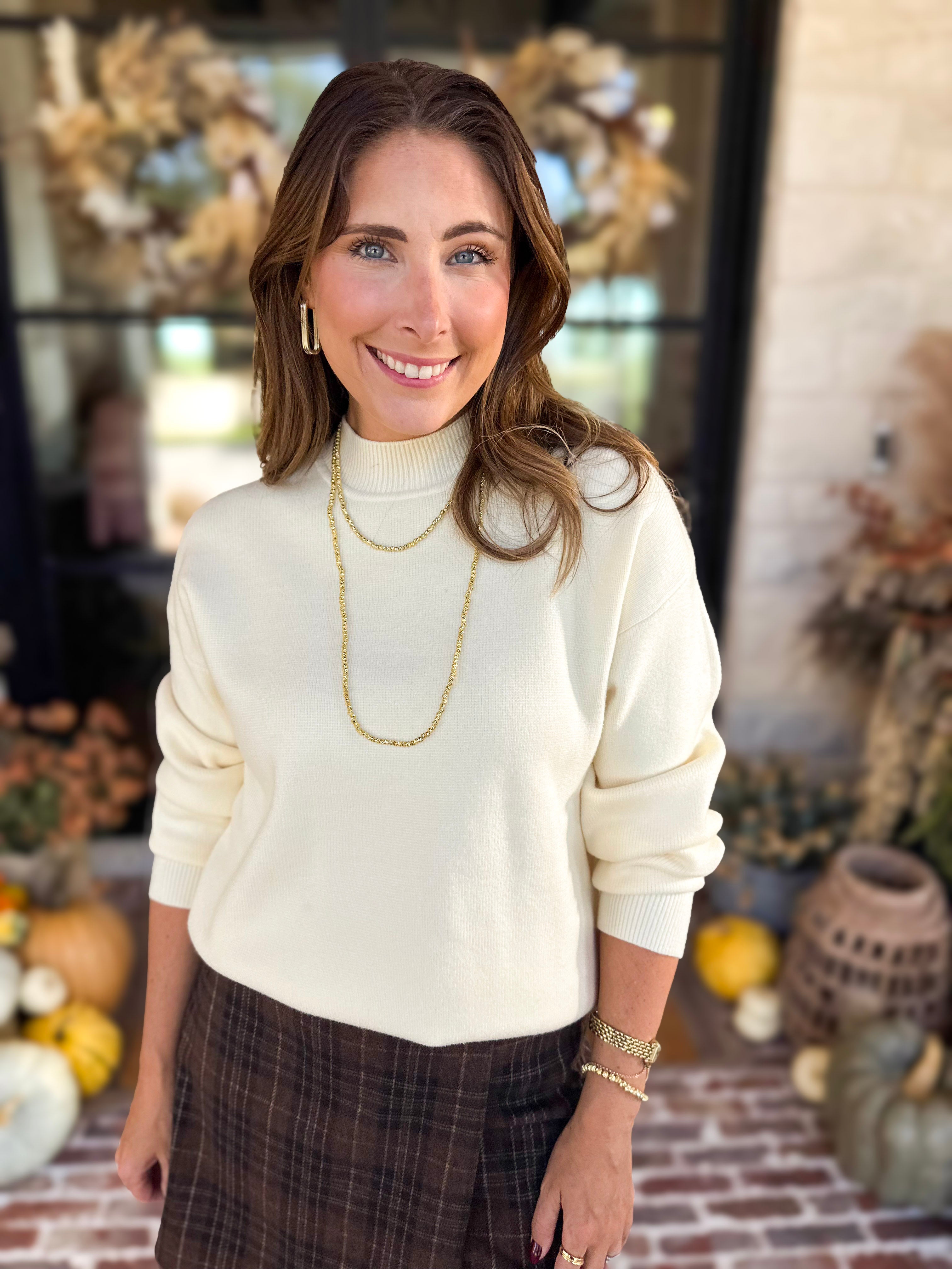 The Daily Mock Neck Sweater - Vanilla Cream-230 Sweaters/Cardis-SKIES ARE BLUE-July & June Women's Fashion Boutique Located in San Antonio, Texas