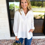 Current Air - Crisp White Floral Button Down Blouse-200 Fashion Blouses-CURRENT AIR CLOTHING-July & June Women's Fashion Boutique Located in San Antonio, Texas
