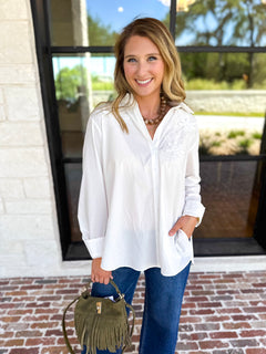 Current Air - Crisp White Floral Button Down Blouse-200 Fashion Blouses-CURRENT AIR CLOTHING-July & June Women's Fashion Boutique Located in San Antonio, Texas