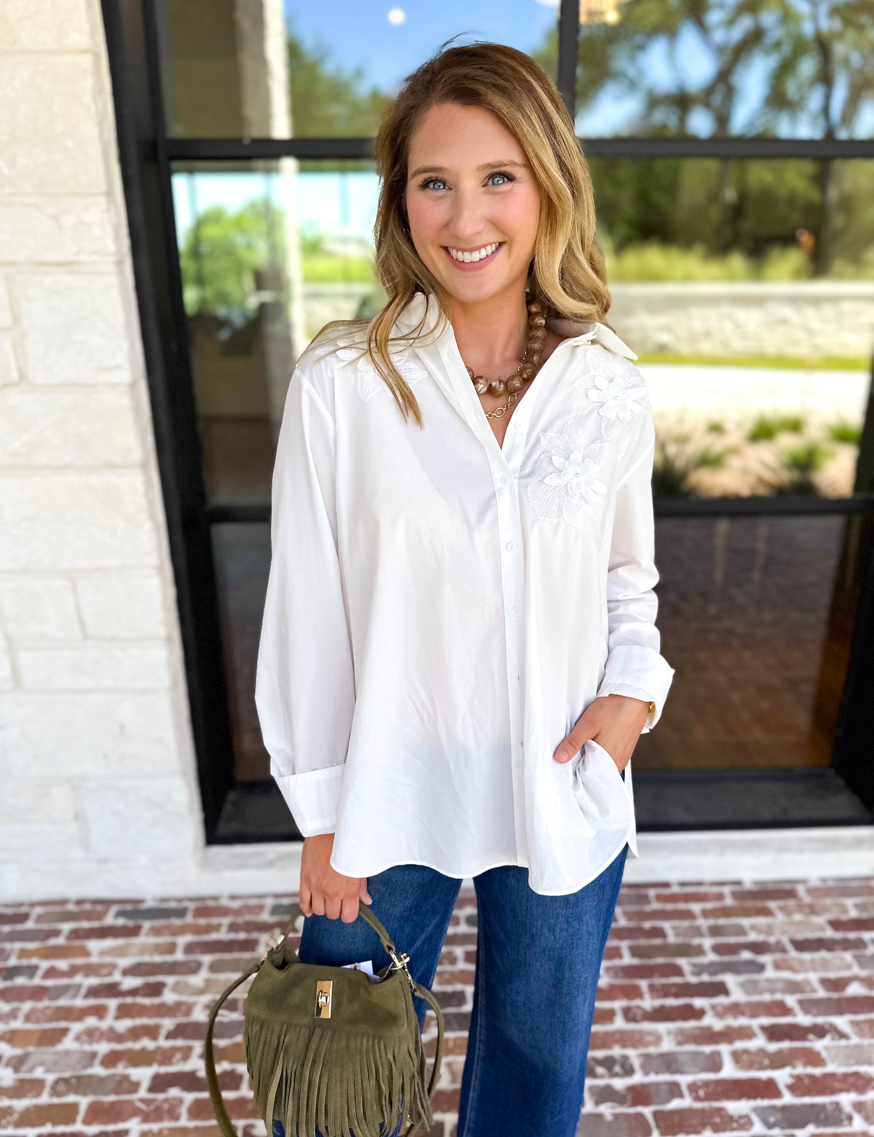 Current Air - Crisp White Floral Button Down Blouse-200 Fashion Blouses-CURRENT AIR CLOTHING-July & June Women's Fashion Boutique Located in San Antonio, Texas