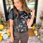 Liverpool - Chic Faux Leather Floral Tee-200 Fashion Blouses-LIVERPOOL JEANS COMPANY-July & June Women's Fashion Boutique Located in San Antonio, Texas