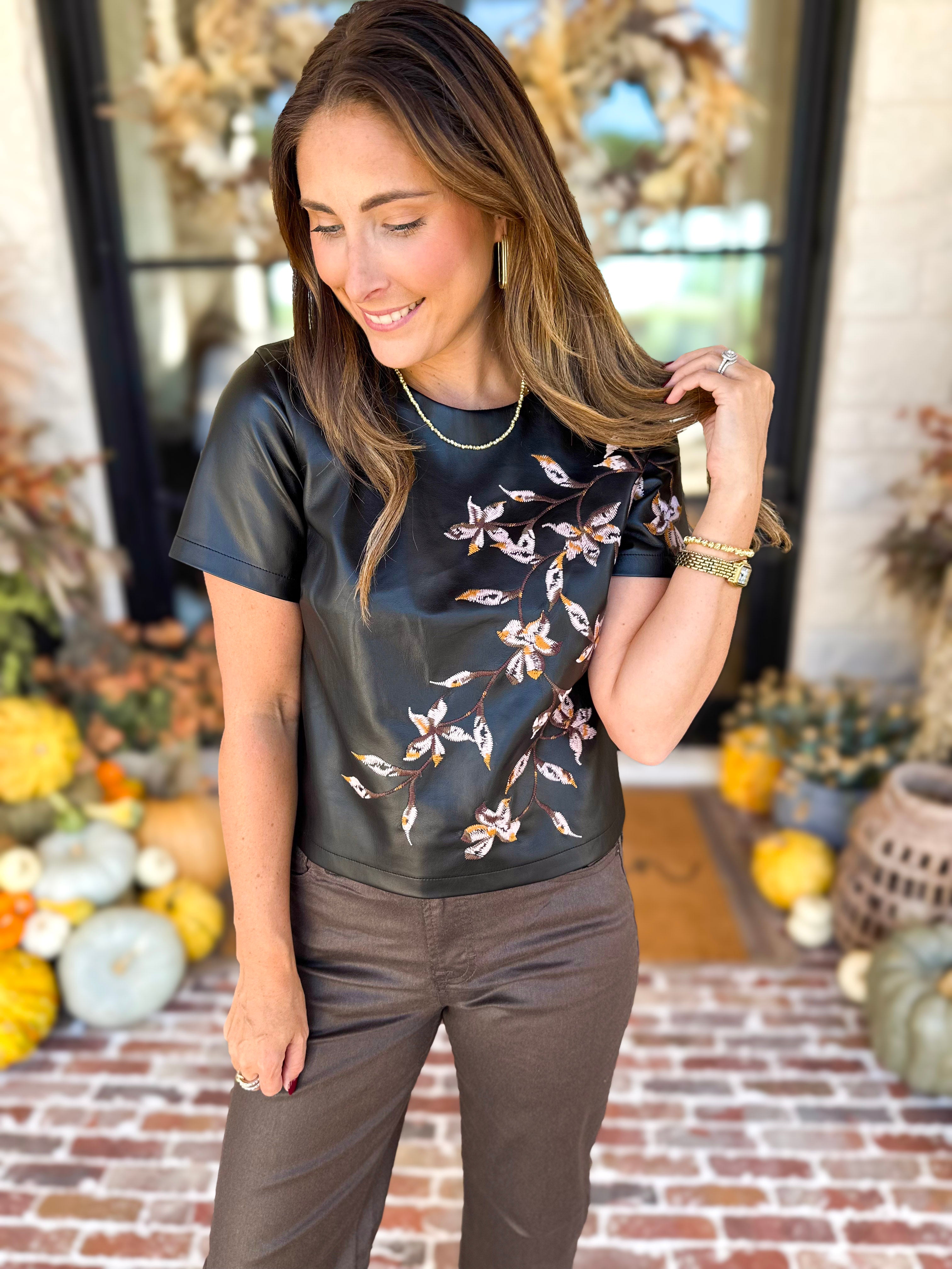Liverpool - Chic Faux Leather Floral Tee-200 Fashion Blouses-LIVERPOOL JEANS COMPANY-July & June Women's Fashion Boutique Located in San Antonio, Texas