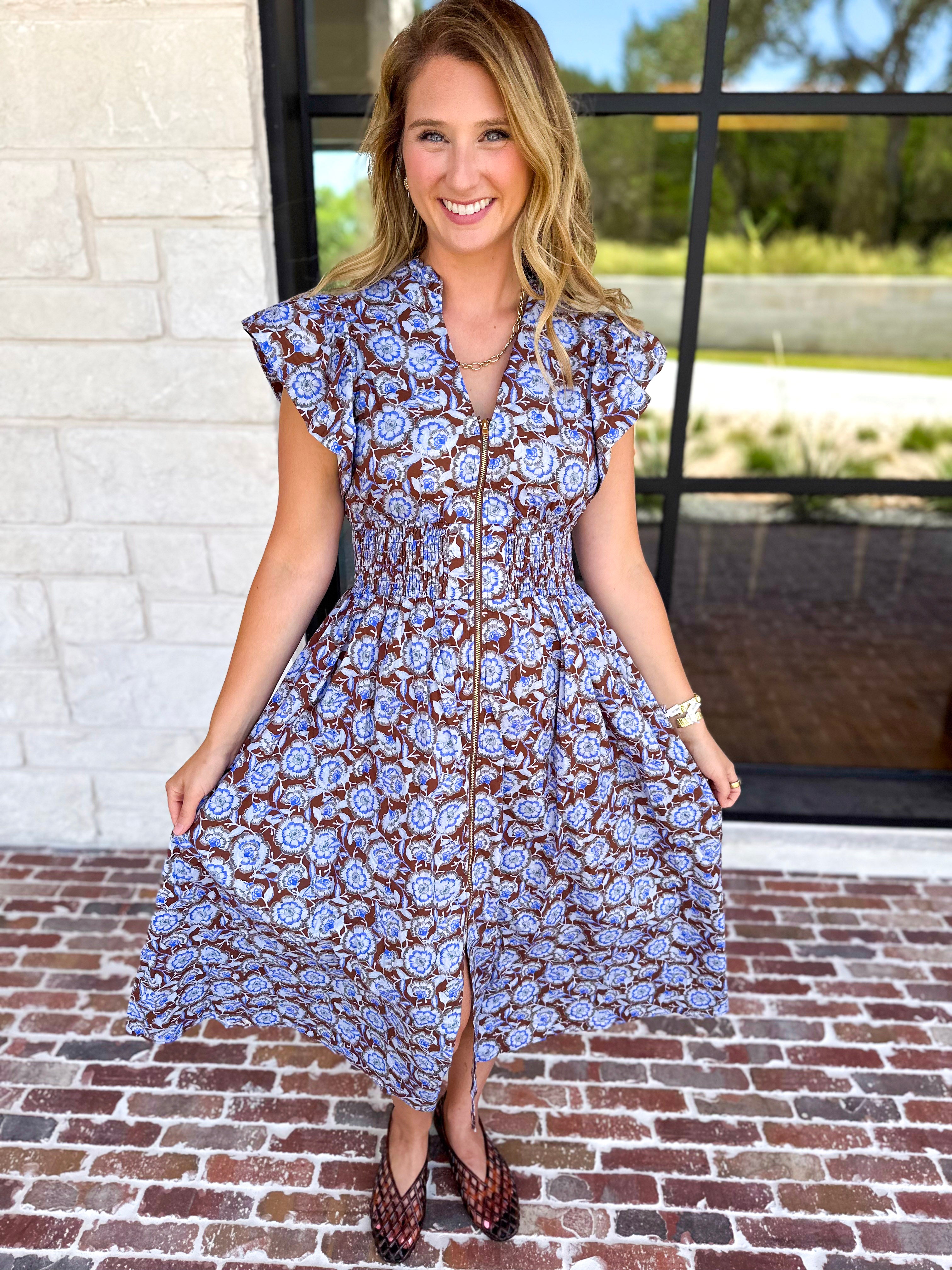 Blue & Brown Floral Midi Dress-500 Midi-ENTRO-July & June Women's Fashion Boutique Located in San Antonio, Texas