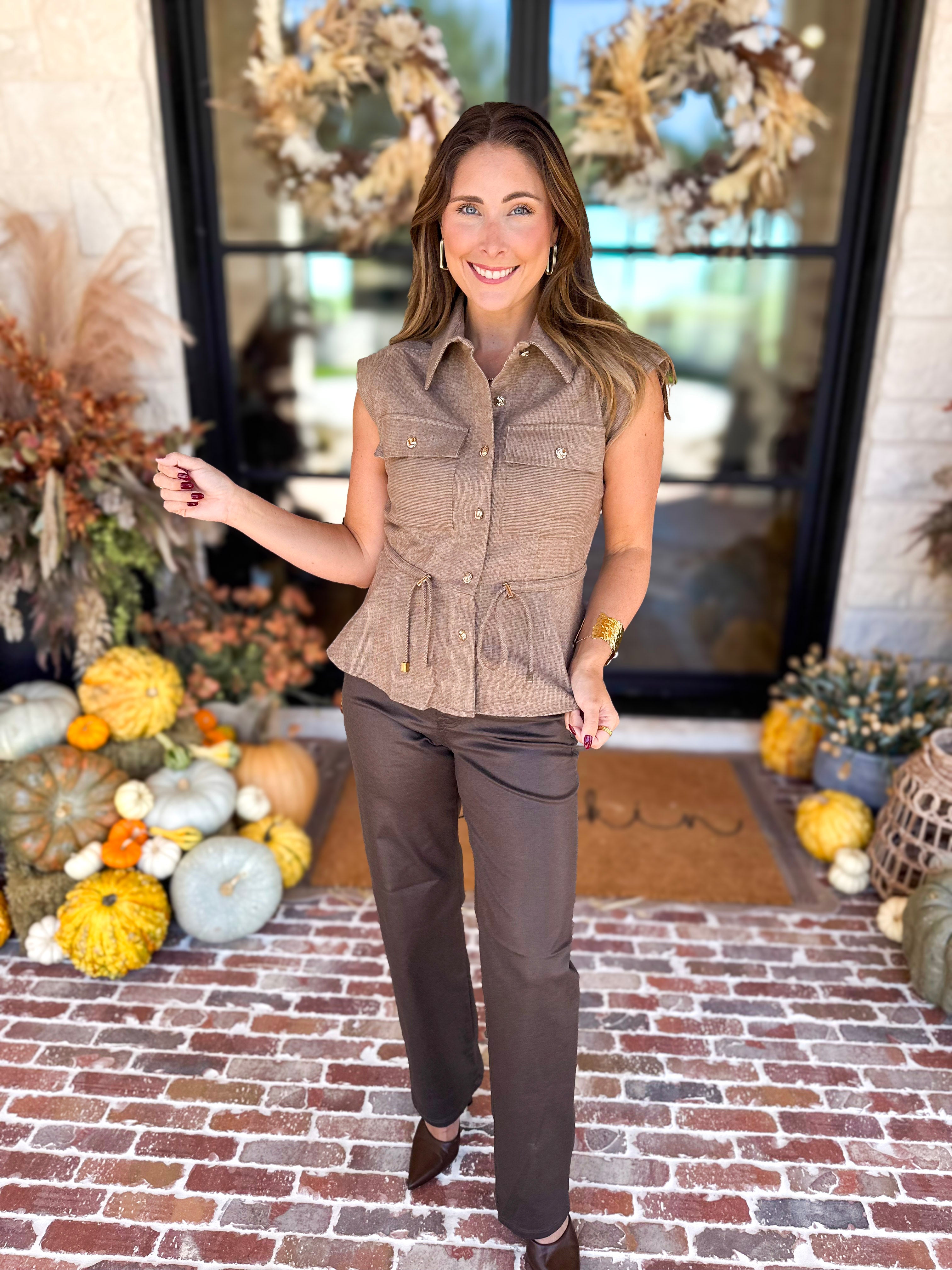 Street Chic Utility Cinched Blouse-200 Fashion Blouses-STRUT & BOLT-July & June Women's Fashion Boutique Located in San Antonio, Texas