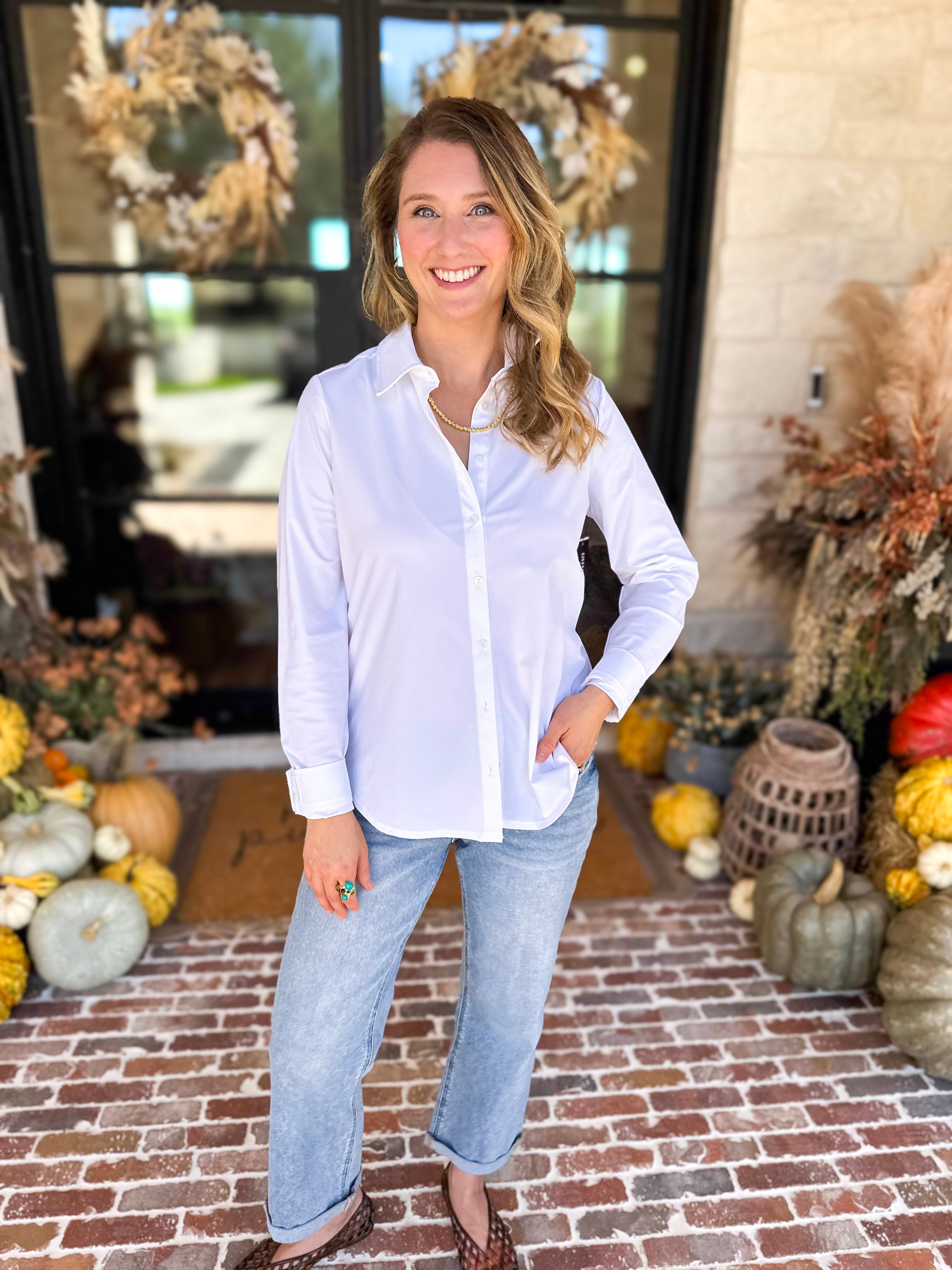 Liverpool - The Classic White Button Down-200 Fashion Blouses-LIVERPOOL JEANS COMPANY-July & June Women's Fashion Boutique Located in San Antonio, Texas