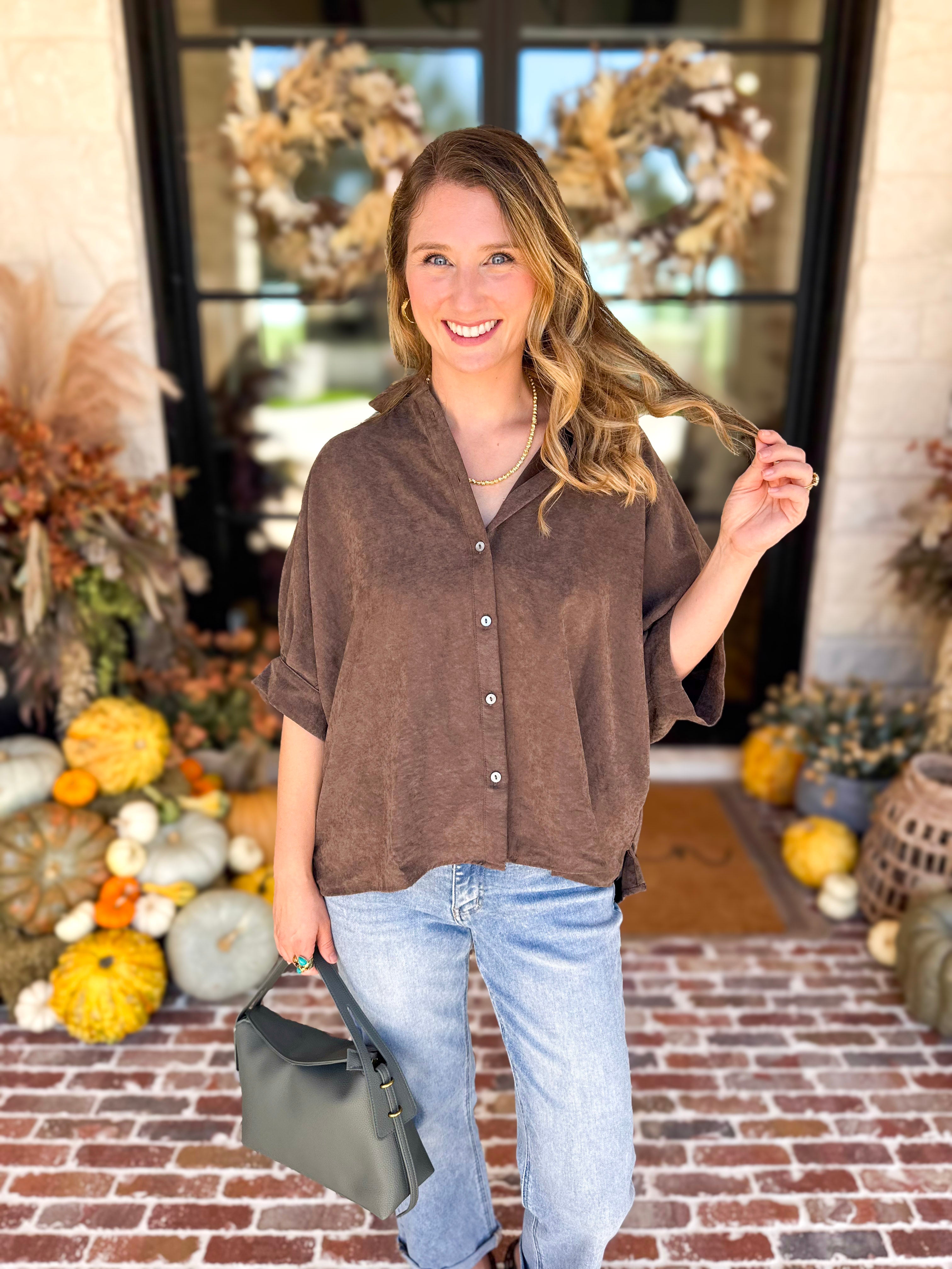Heathered Brown Oversized Blouse-200 Fashion Blouses-ENTRO-July & June Women's Fashion Boutique Located in San Antonio, Texas