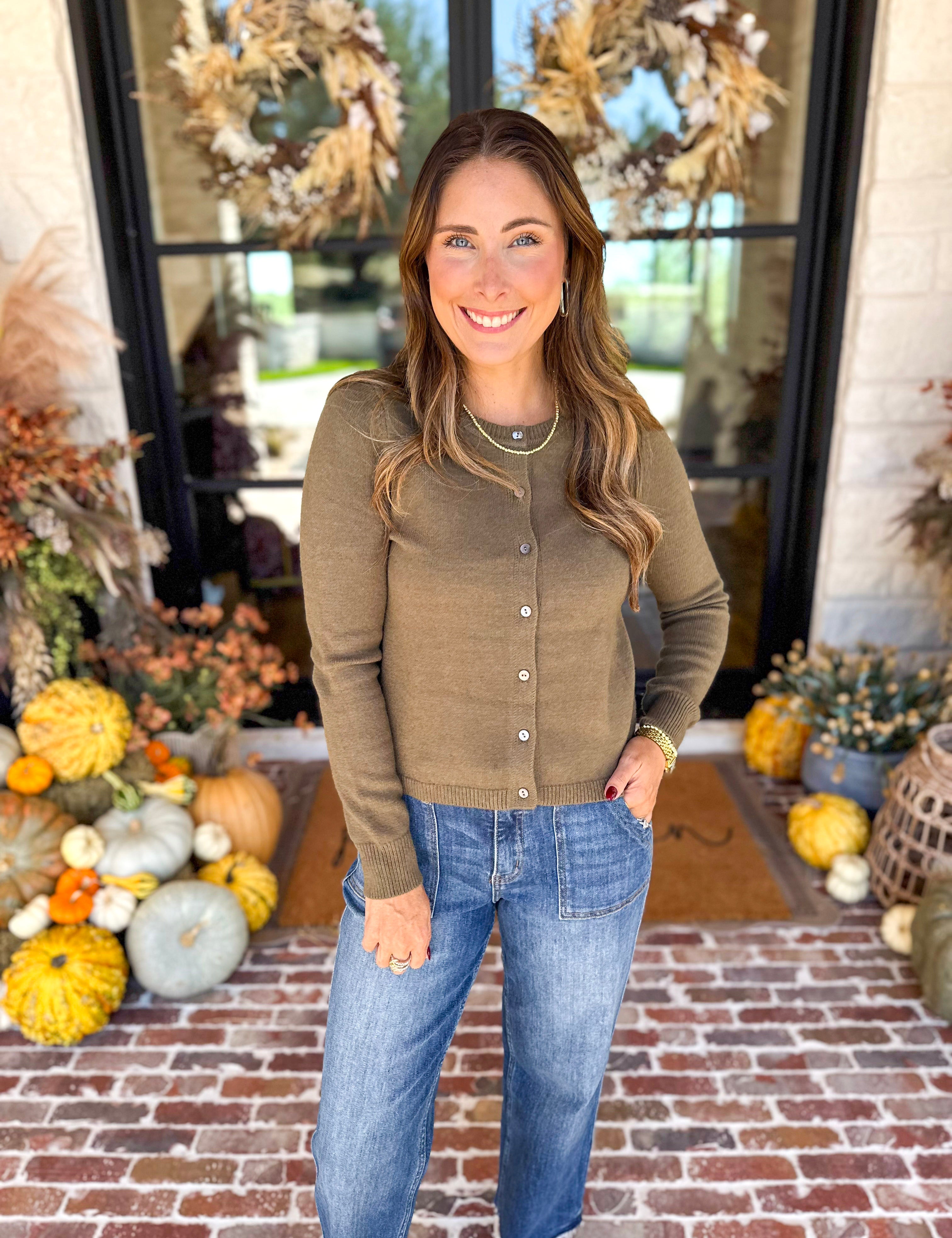 The Everyday Girl Olive Cardigan-230 Sweaters/Cardis-SKIES ARE BLUE-July & June Women's Fashion Boutique Located in San Antonio, Texas