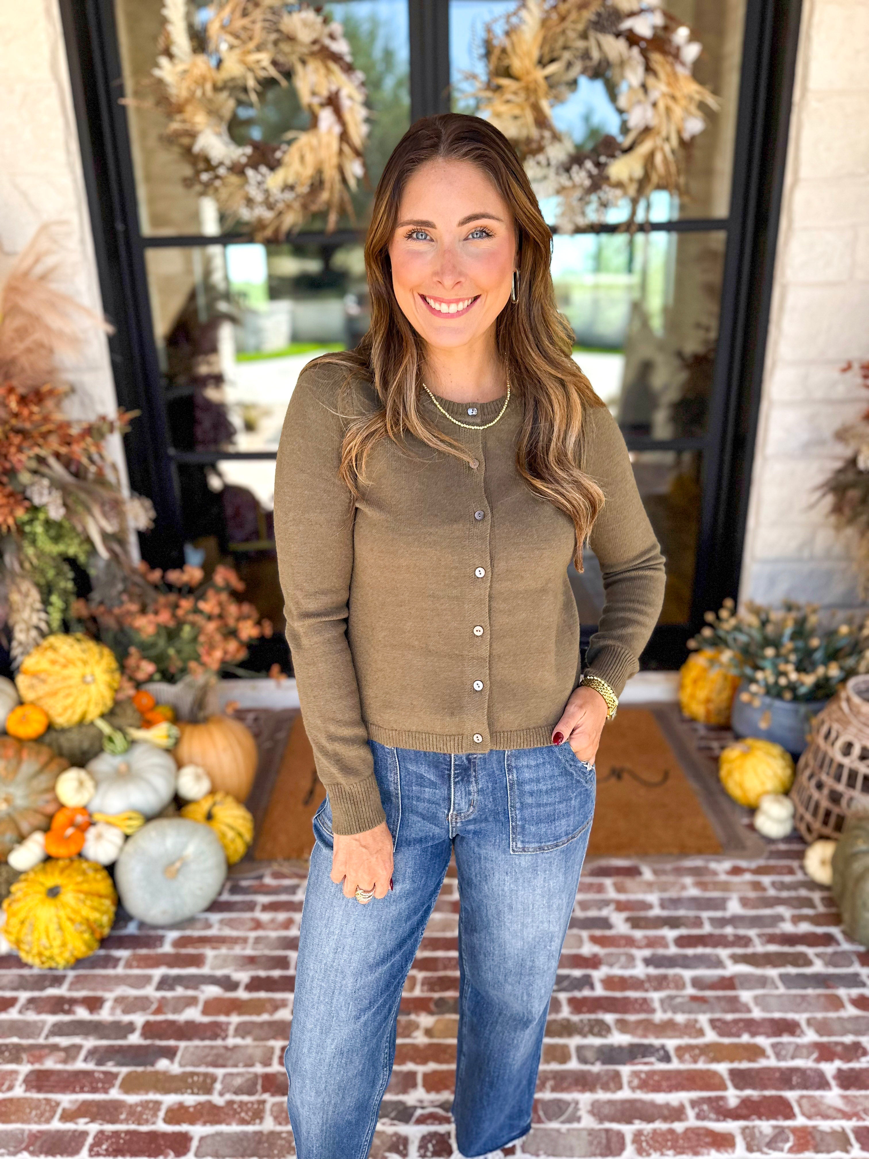 The Everyday Girl Olive Cardigan-230 Sweaters/Cardis-SKIES ARE BLUE-July & June Women's Fashion Boutique Located in San Antonio, Texas
