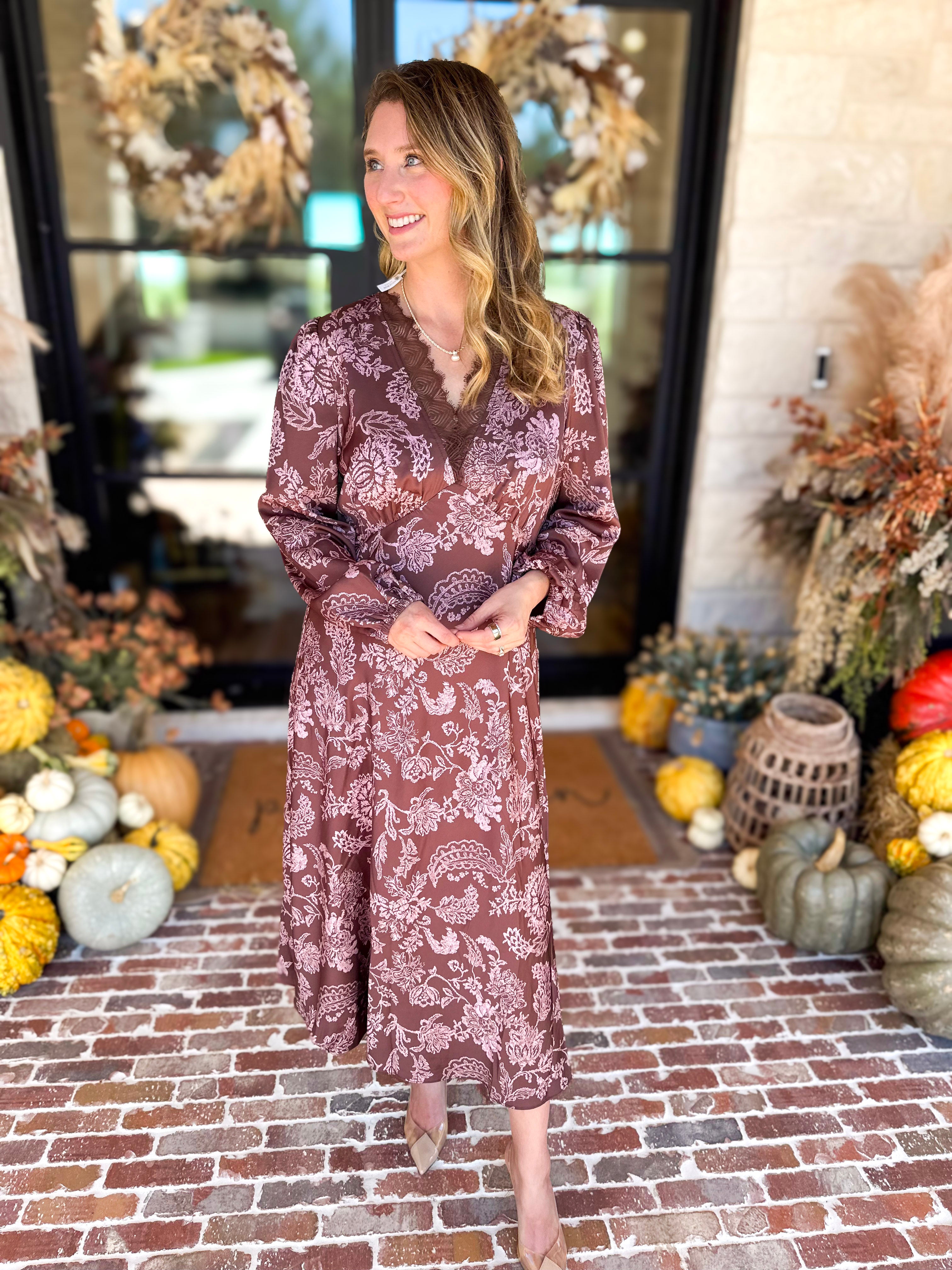 Current Air - Mocha Rose Satin Midi Dress-500 Midi-CURRENT AIR CLOTHING-July & June Women's Fashion Boutique Located in San Antonio, Texas