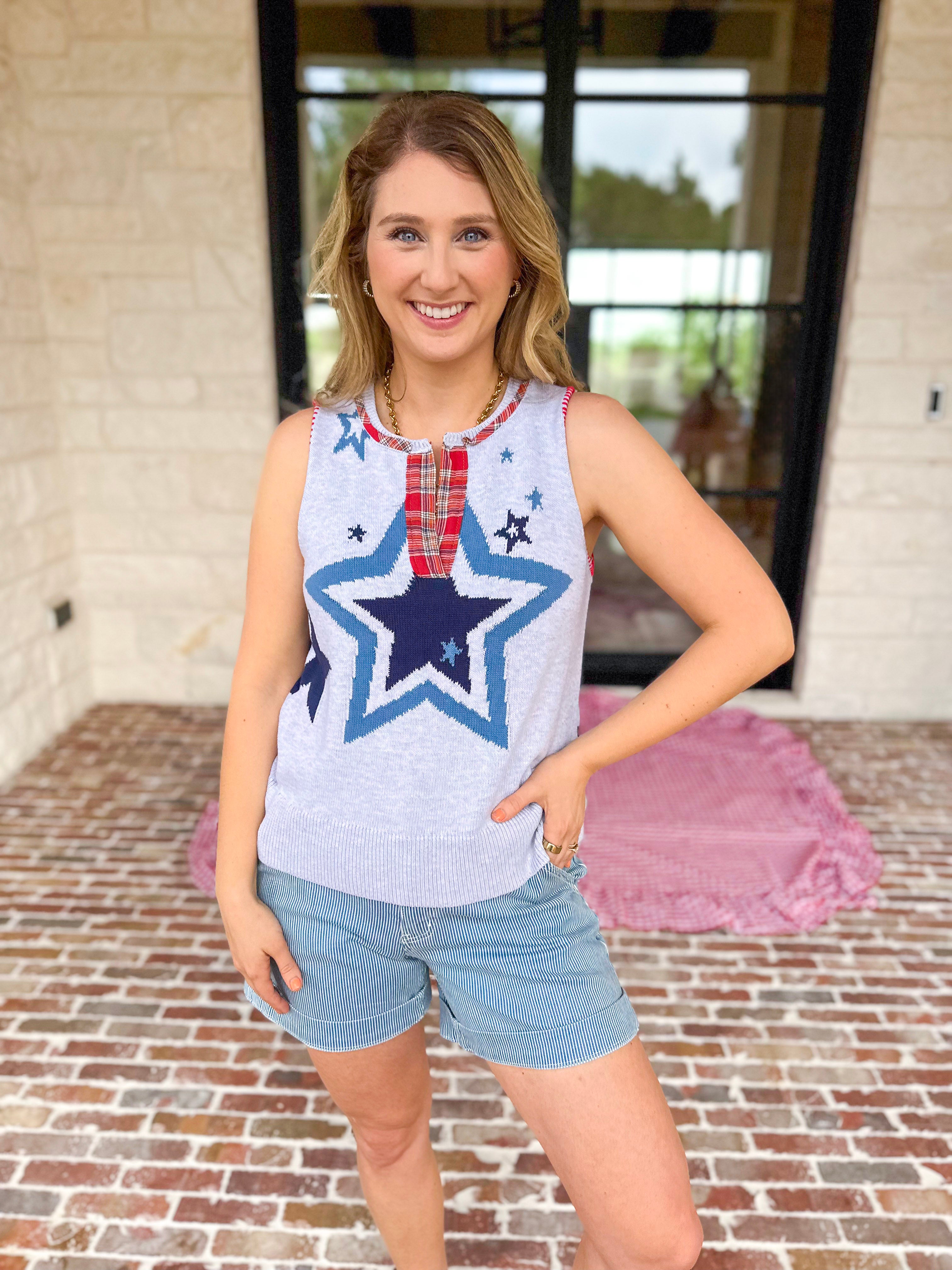 Flannel Patchwork Star Knit Top-230 Sweaters/Cardis-FATE-July & June Women's Fashion Boutique Located in San Antonio, Texas