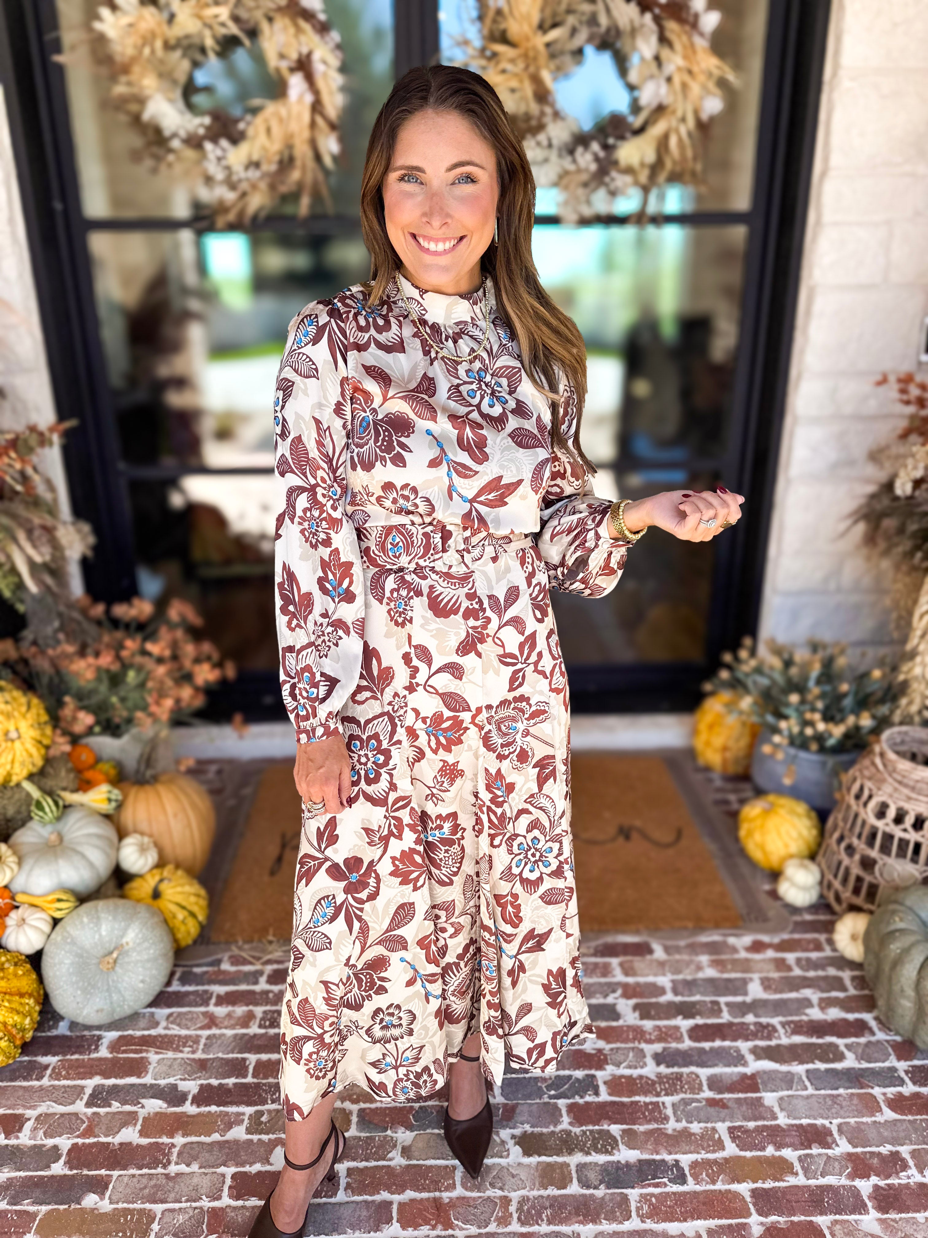 Current Air - Saddlewood Floral Midi Dress-500 Midi-CURRENT AIR CLOTHING-July & June Women's Fashion Boutique Located in San Antonio, Texas