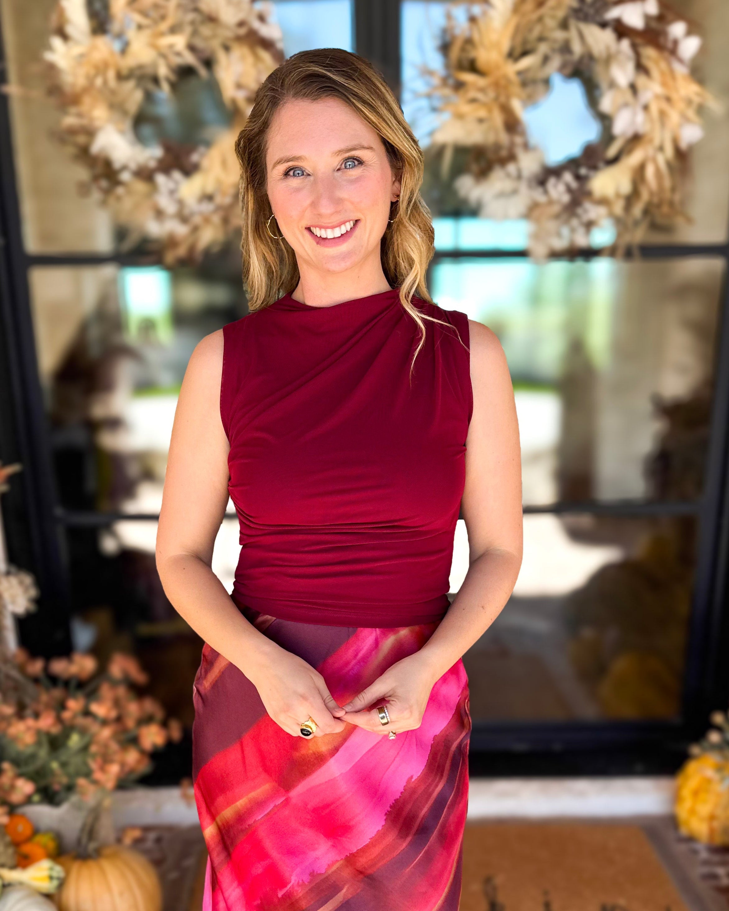 Sleek & Chic Pomegranate Sleeveless Blouse-200 Fashion Blouses-DRESS FORUM-July & June Women's Fashion Boutique Located in San Antonio, Texas