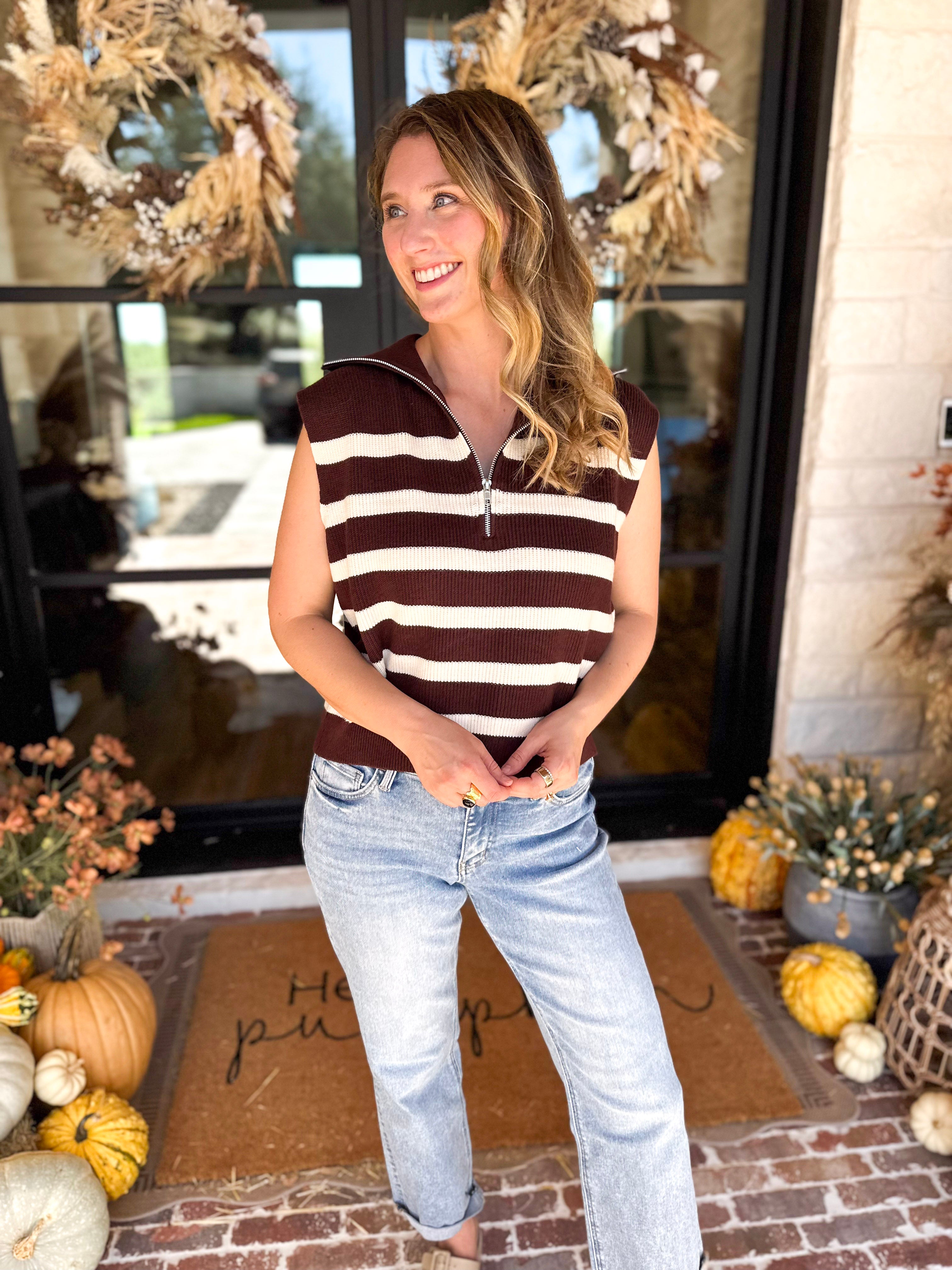 PINK FRIDAY DOORBUSTERS - Half Zip Sweater - Brown - ONLINE - FINAL SALE-PINK FRIDAY DOORBUSTERS-DOUBLE ZERO-July & June Women's Fashion Boutique Located in San Antonio, Texas
