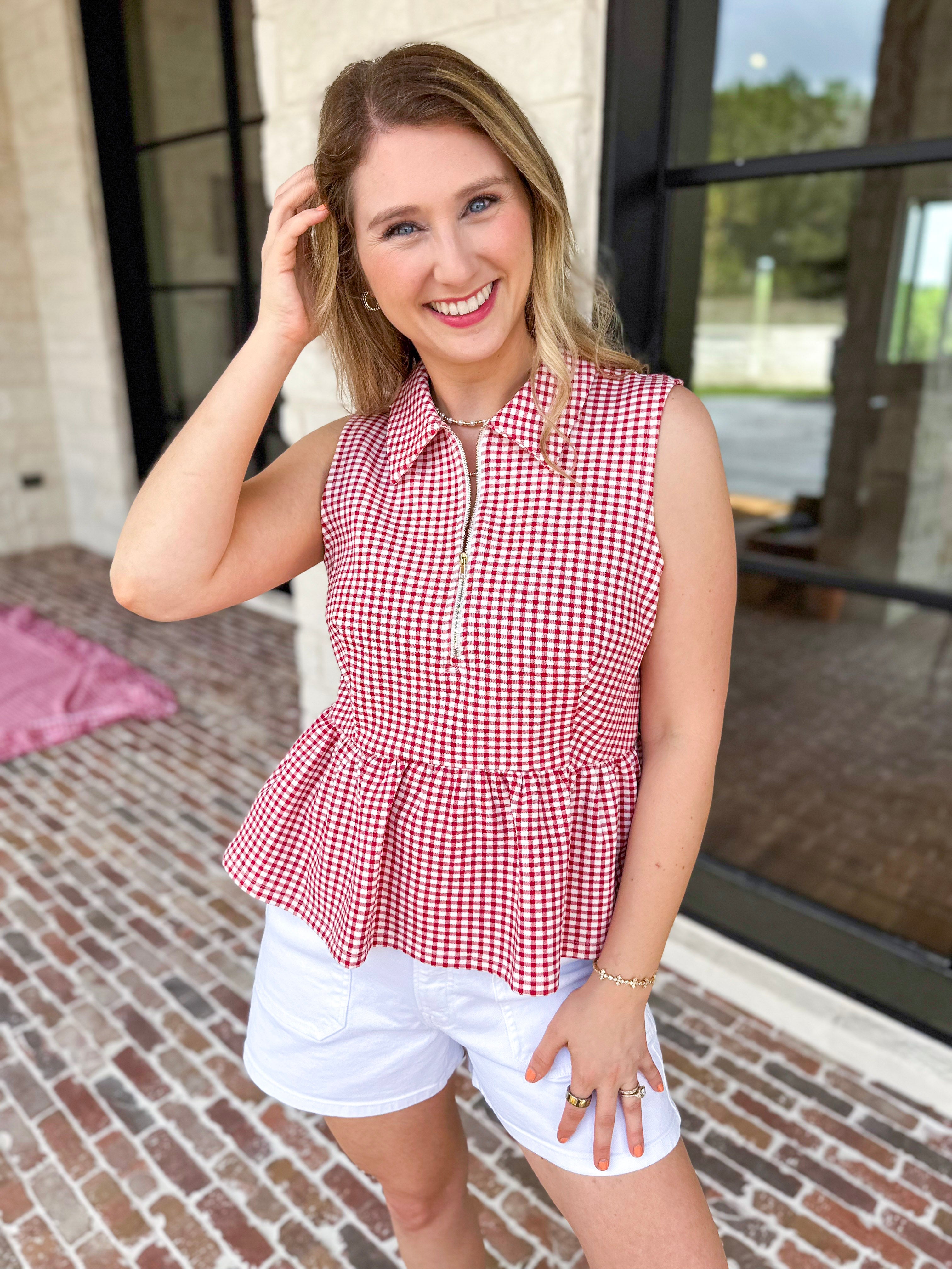 Sweetheart Gingham Red Blouse-200 Fashion Blouses-ENTRO-July & June Women's Fashion Boutique Located in San Antonio, Texas