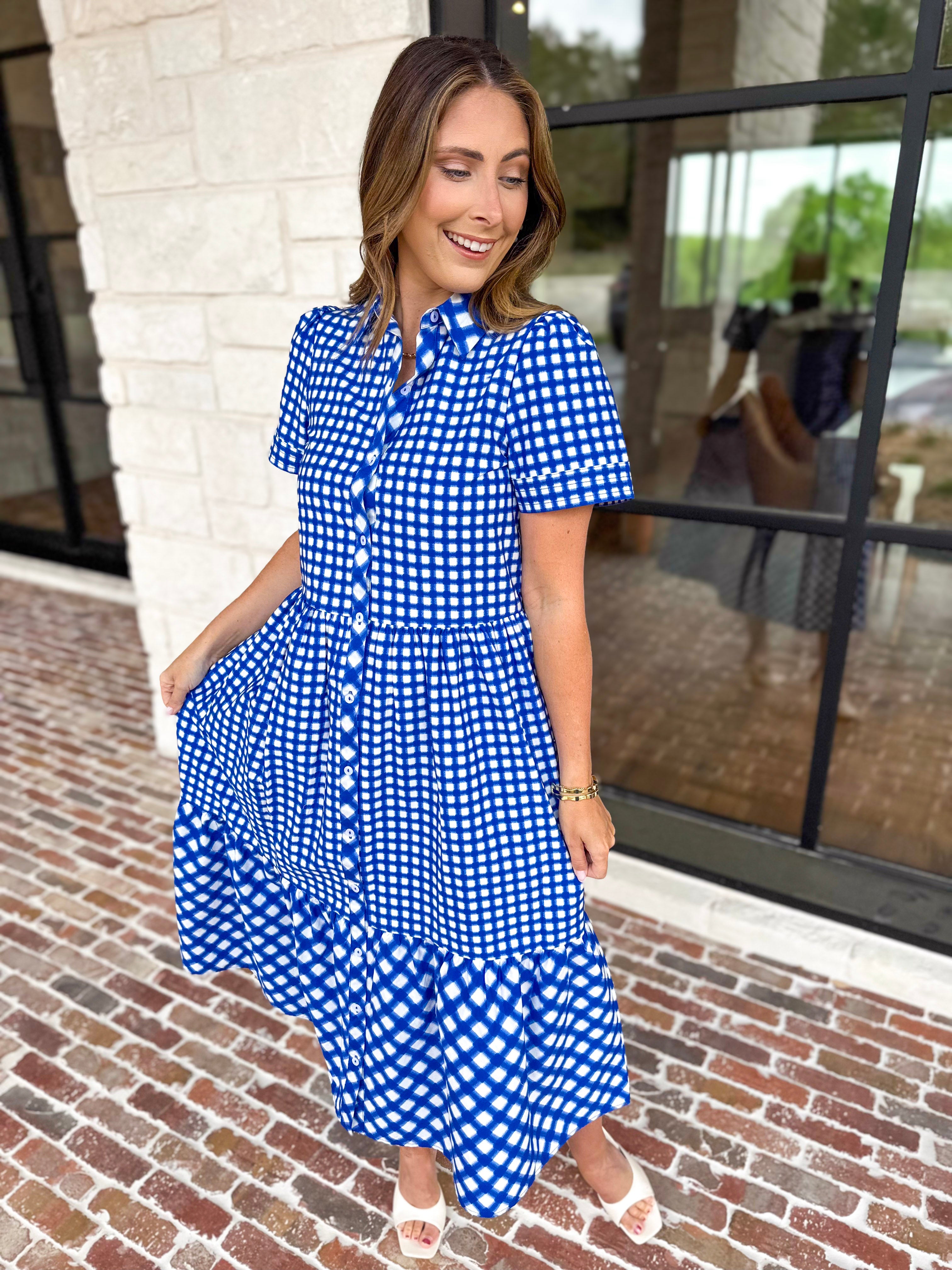 Mary Square - Jema Gingham Navy Mix Midi Dress-500 Midi-MARY SQUARE-July & June Women's Fashion Boutique Located in San Antonio, Texas