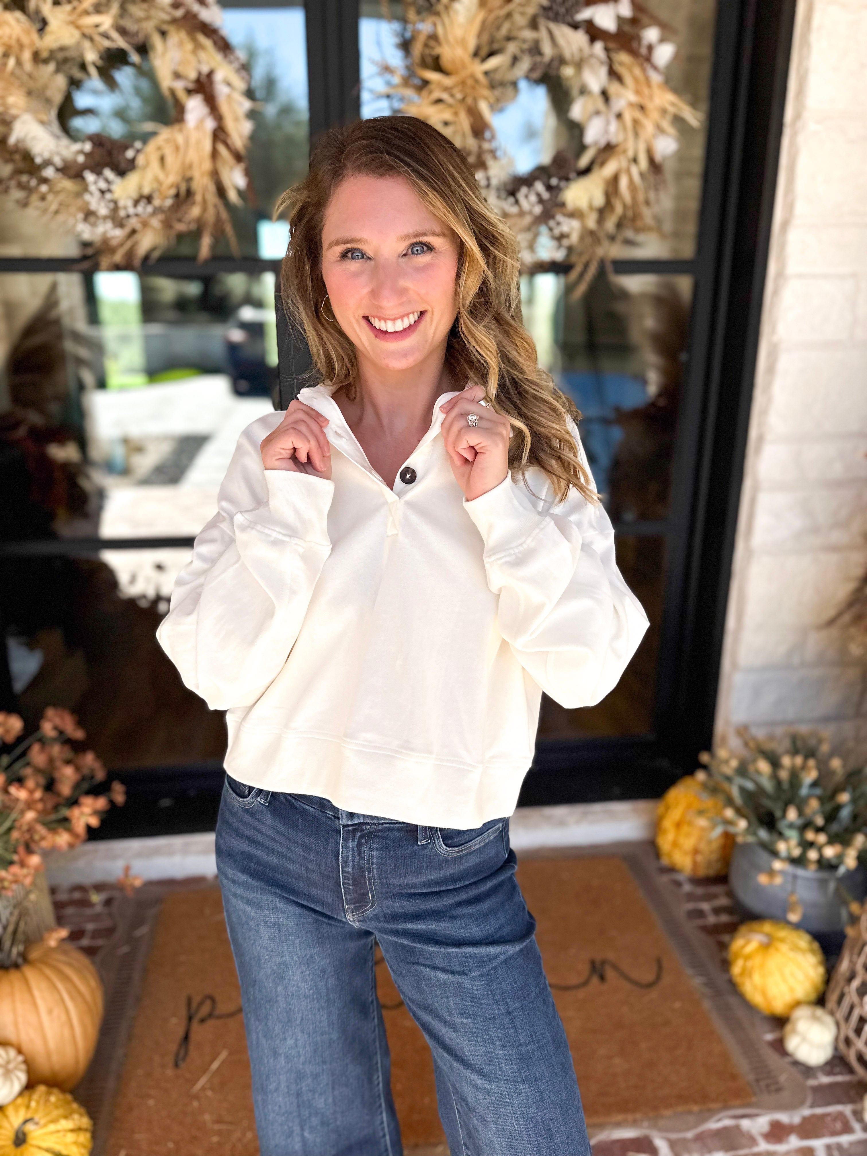 PINK FRIDAY DOORBUSTERS - Henley Polo Top - Cream - ONLINE - FINAL SALE-PINK FRIDAY DOORBUSTERS-DOUBLE ZERO-July & June Women's Fashion Boutique Located in San Antonio, Texas