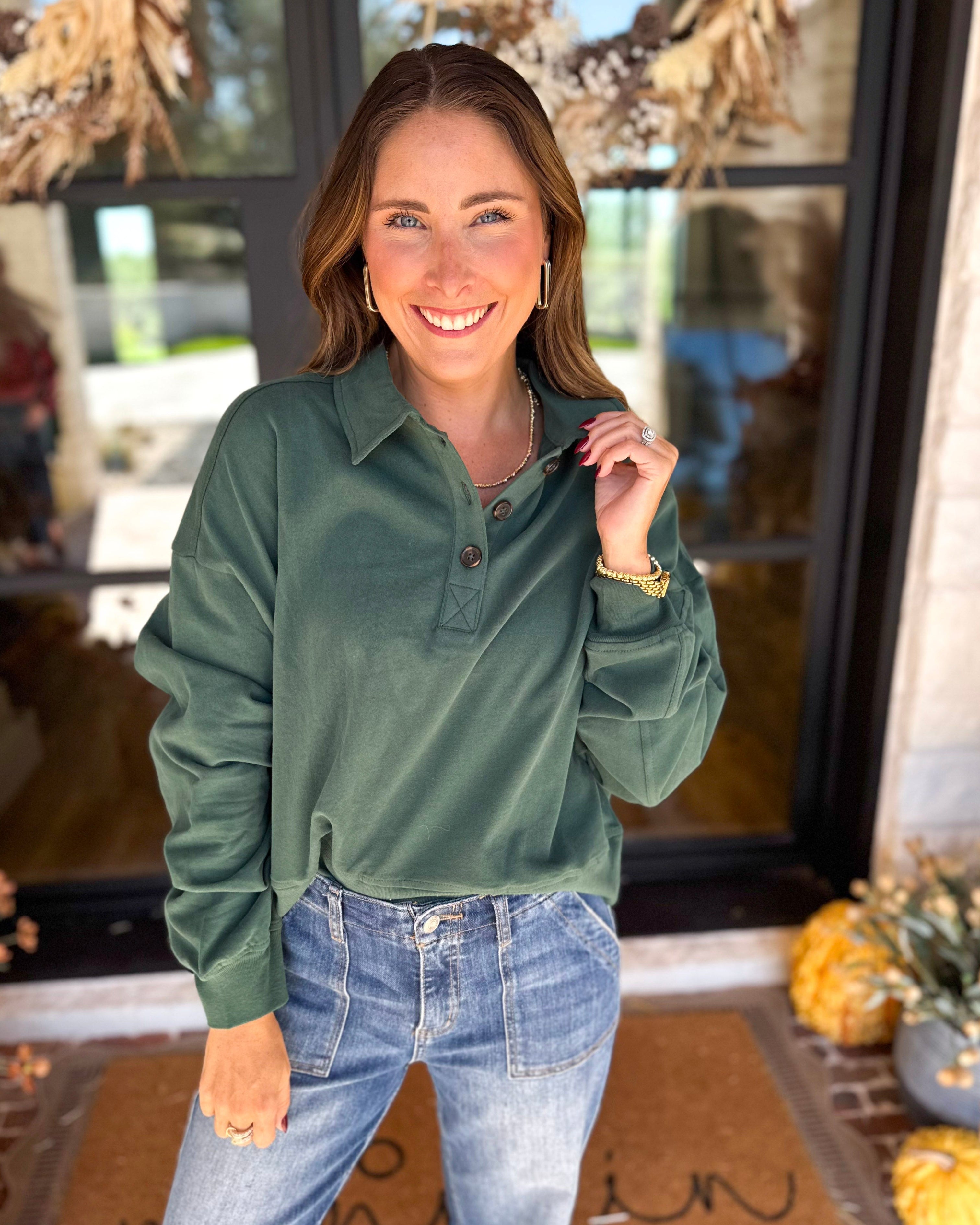 PINK FRIDAY DOORBUSTERS - Henley Polo Top - Green - ONLINE - FINAL SALE-PINK FRIDAY DOORBUSTERS-DOUBLE ZERO-July & June Women's Fashion Boutique Located in San Antonio, Texas