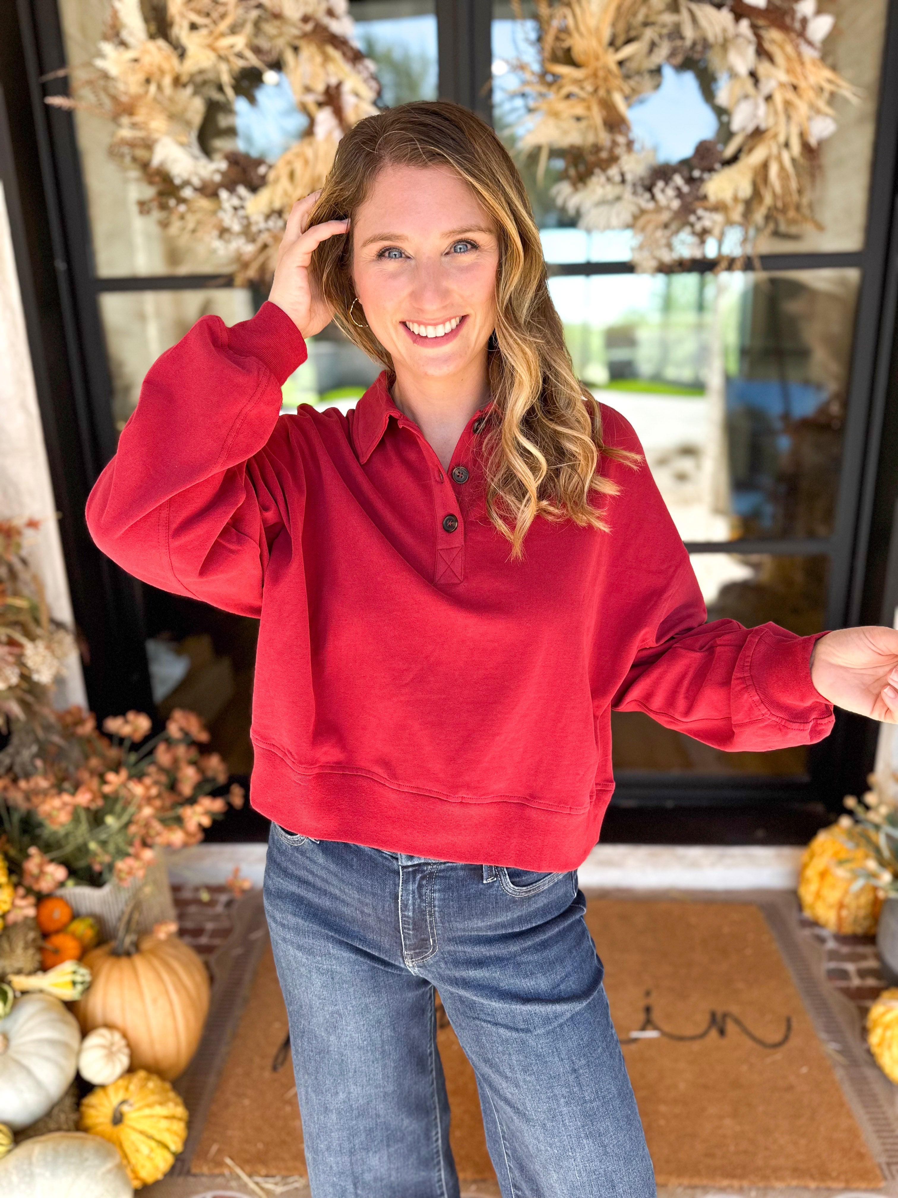 PINK FRIDAY DOORBUSTERS - Henley Polo Top - Red - ONLINE - FINAL SALE-PINK FRIDAY DOORBUSTERS-DOUBLE ZERO-July & June Women's Fashion Boutique Located in San Antonio, Texas
