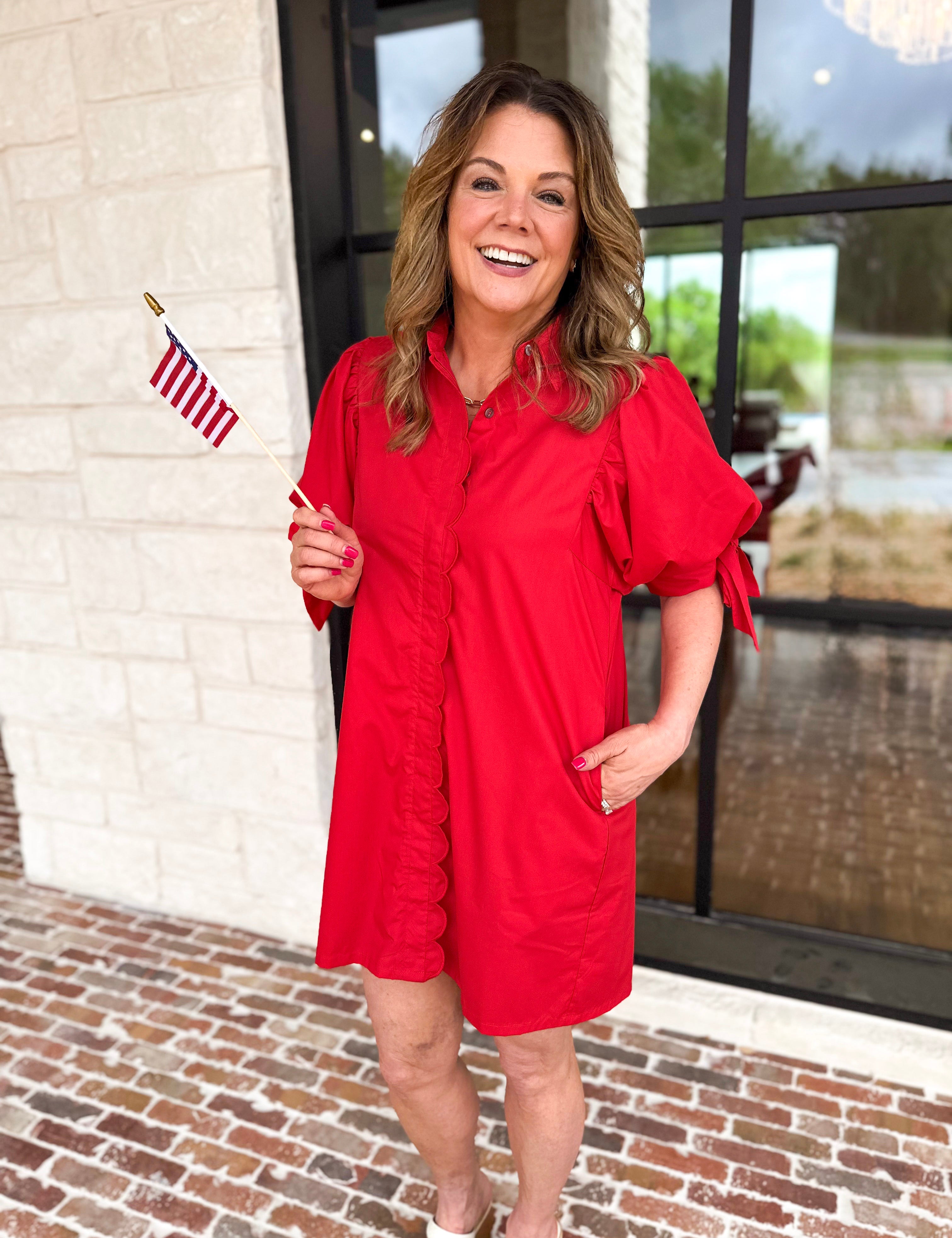 Scalloped Red Mini Dress-510 Mini-ENTRO-July & June Women's Fashion Boutique Located in San Antonio, Texas