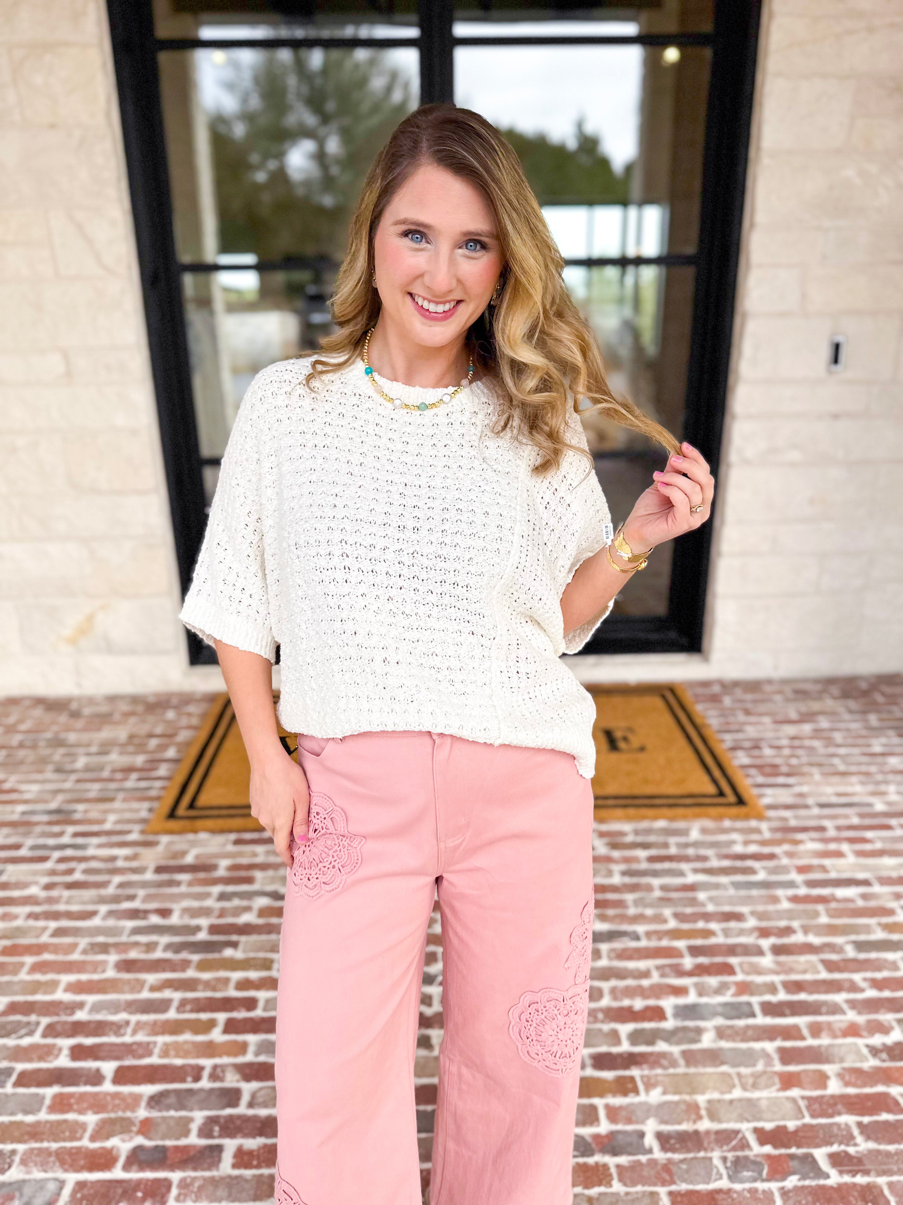 Blush Crochet Denim Pants-400 Pants-ENTRO-July & June Women's Fashion Boutique Located in San Antonio, Texas