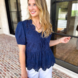 Current Air - Navy Eyelet Blouse-200 Fashion Blouses-CURRENT AIR CLOTHING-July & June Women's Fashion Boutique Located in San Antonio, Texas