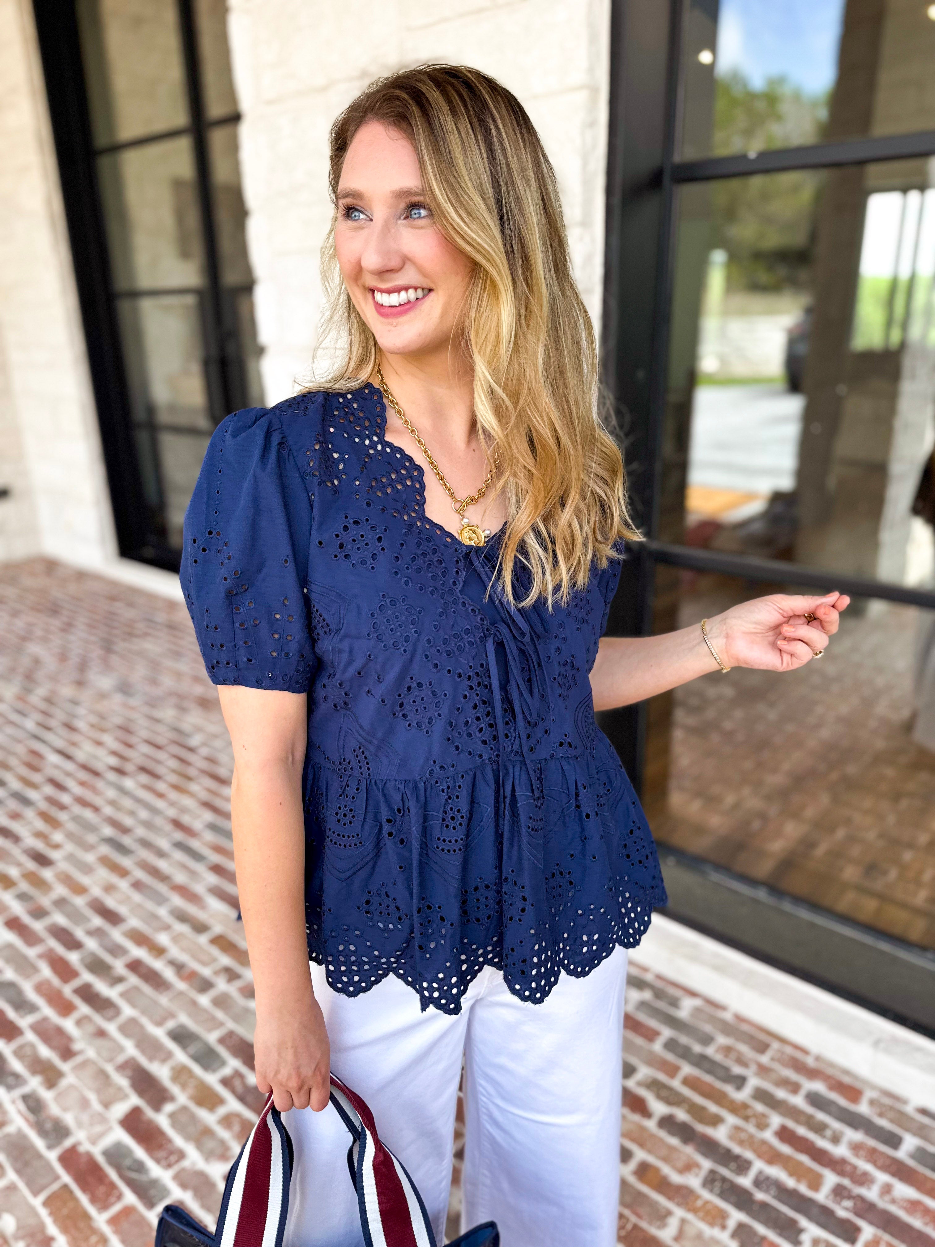 Current Air - Navy Eyelet Blouse-200 Fashion Blouses-CURRENT AIR CLOTHING-July & June Women's Fashion Boutique Located in San Antonio, Texas
