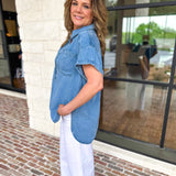 Denim Tencel Button Down Blouse-200 Fashion Blouses-RAE MODE-July & June Women's Fashion Boutique Located in San Antonio, Texas