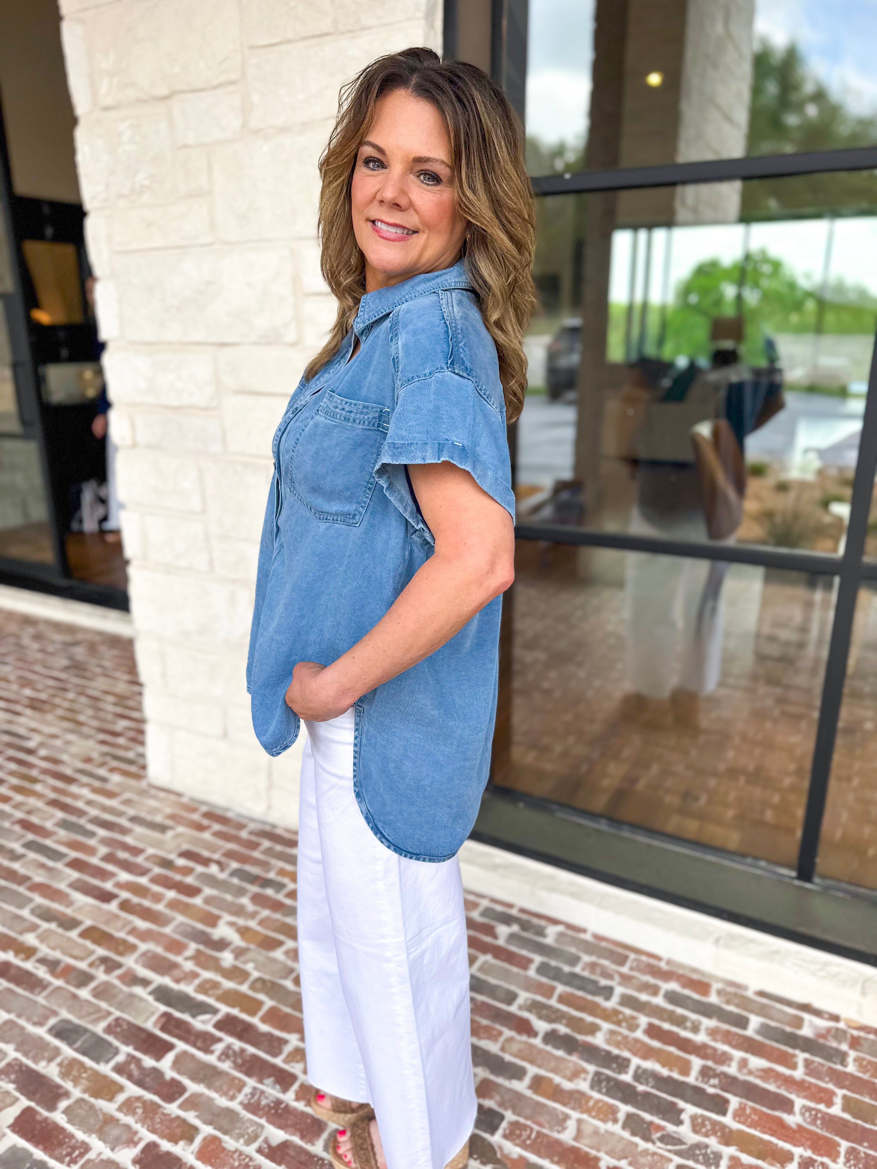 Denim Tencel Button Down Blouse-200 Fashion Blouses-RAE MODE-July & June Women's Fashion Boutique Located in San Antonio, Texas