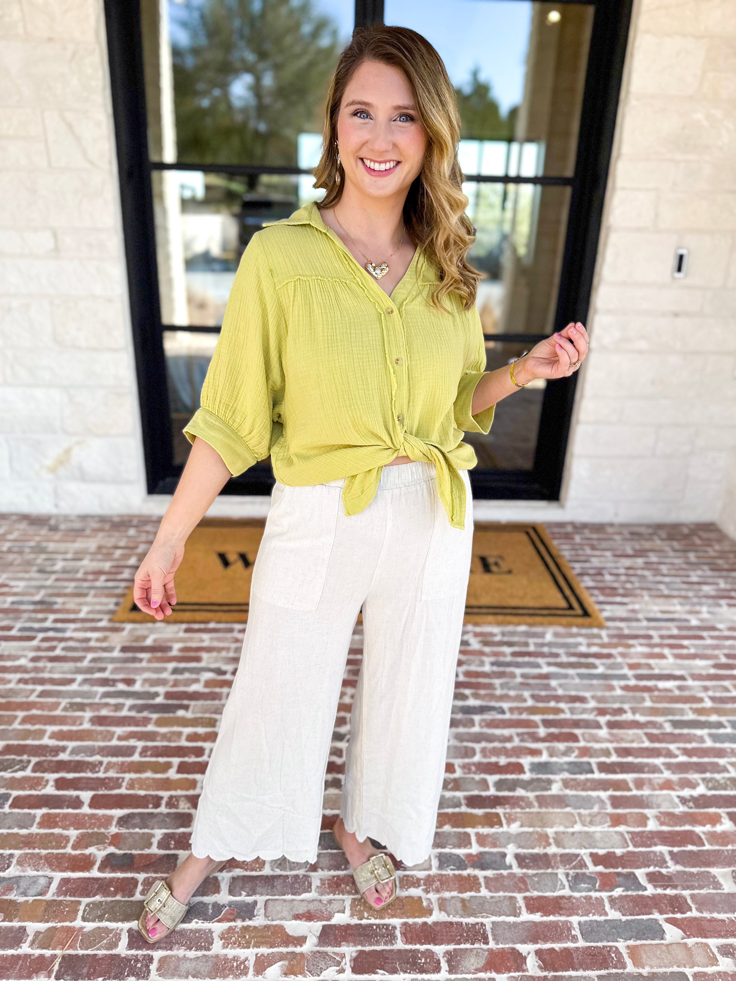 Gauze Button Down Blouse - Chartreuse-200 Fashion Blouses-IN FEBRUARY-July & June Women's Fashion Boutique Located in San Antonio, Texas