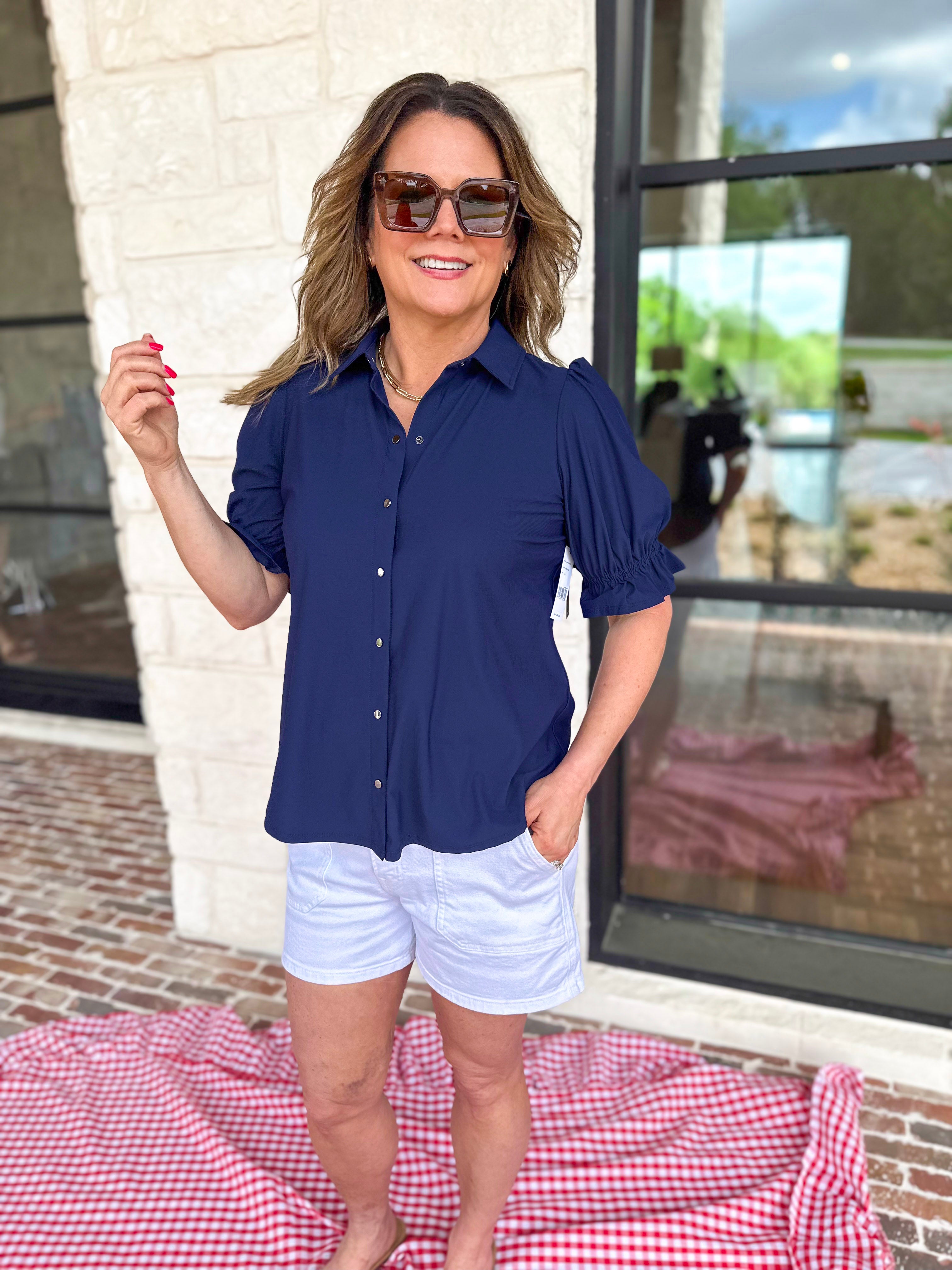 LIVERPOOL - Button Down Blouse - Navy-200 Fashion Blouses-LIVERPOOL JEANS COMPANY-July & June Women's Fashion Boutique Located in San Antonio, Texas